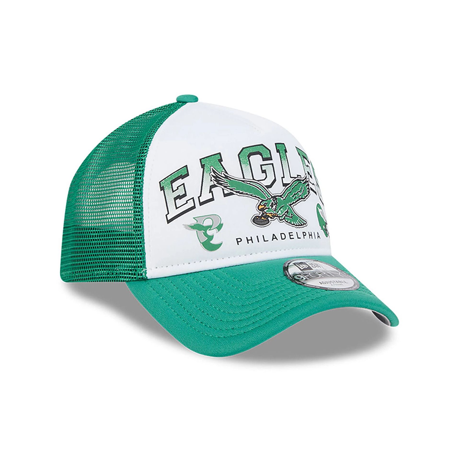 This is a Philadelphia Eagles Retro Wordmark Green 9FORTY A-Frame Trucker Adjustable Cap 4