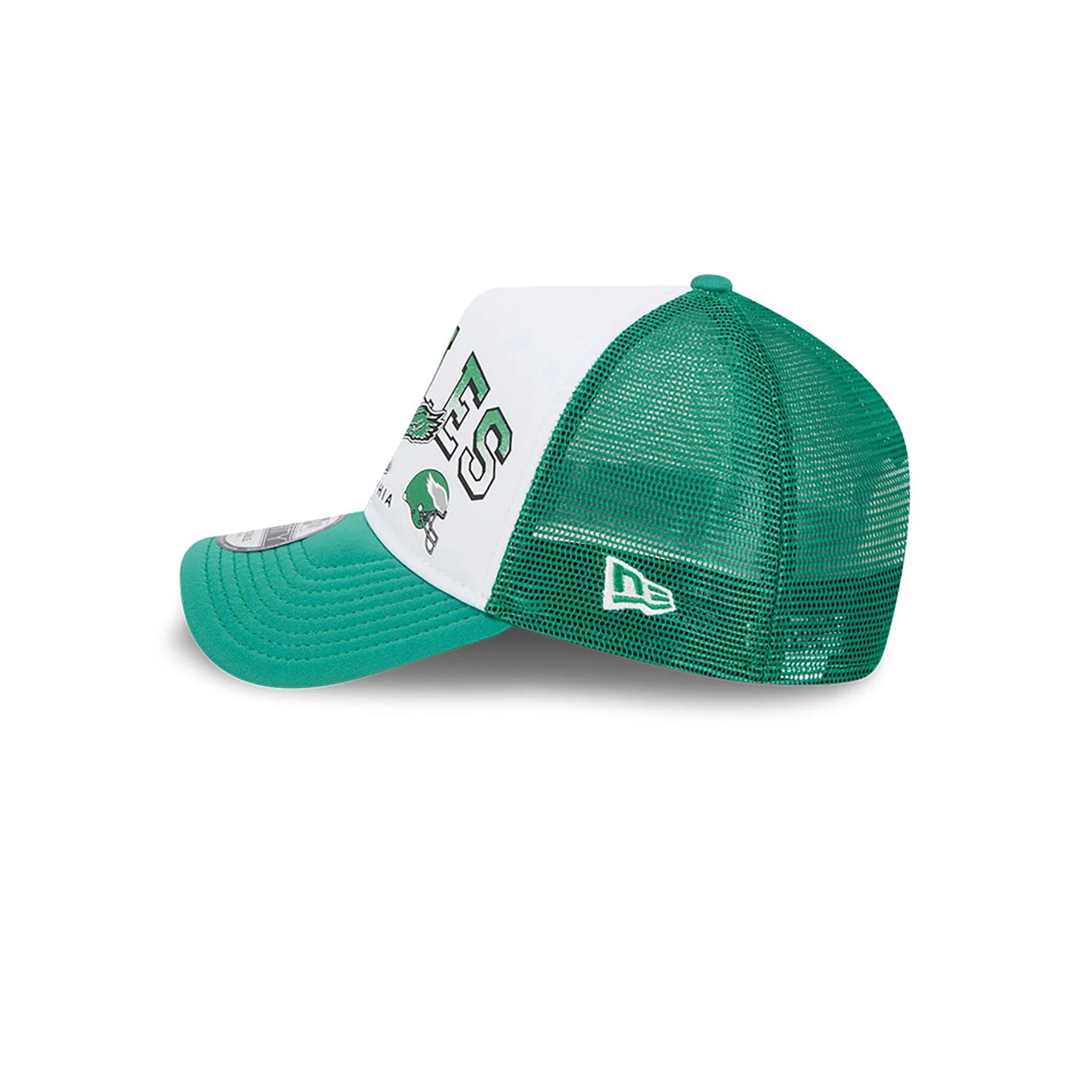 This is a Philadelphia Eagles Retro Wordmark Green 9FORTY A-Frame Trucker Adjustable Cap 7