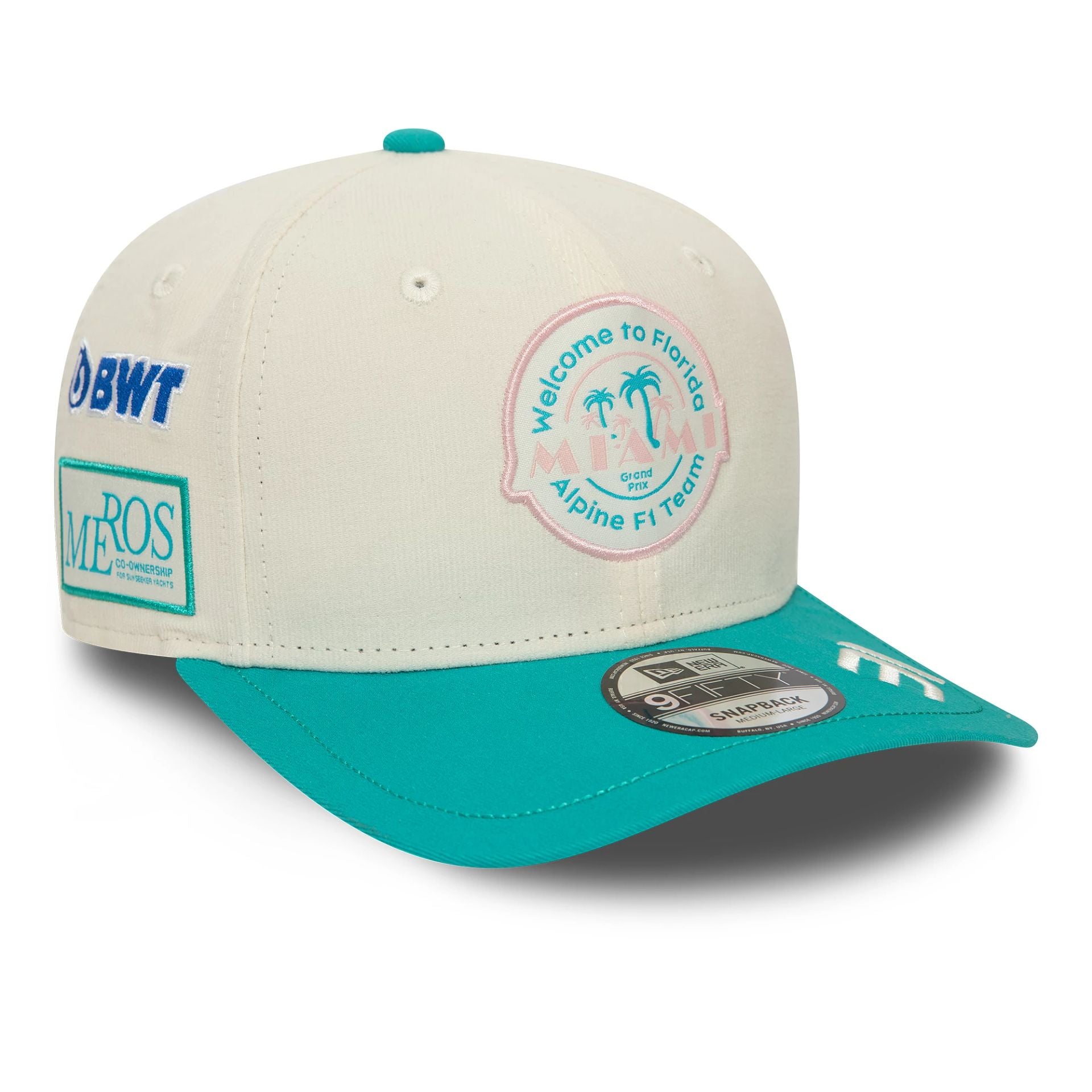 This is a Alpine Racing Esteban Ocon Miami Race Special White 9FIFTY Original Fit Snapback Cap 1