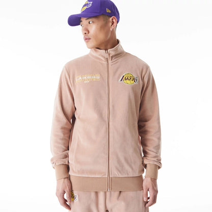 The Male model is wearing LA Lakers NBA Lifestyle Velour Beige Track Jacket  6