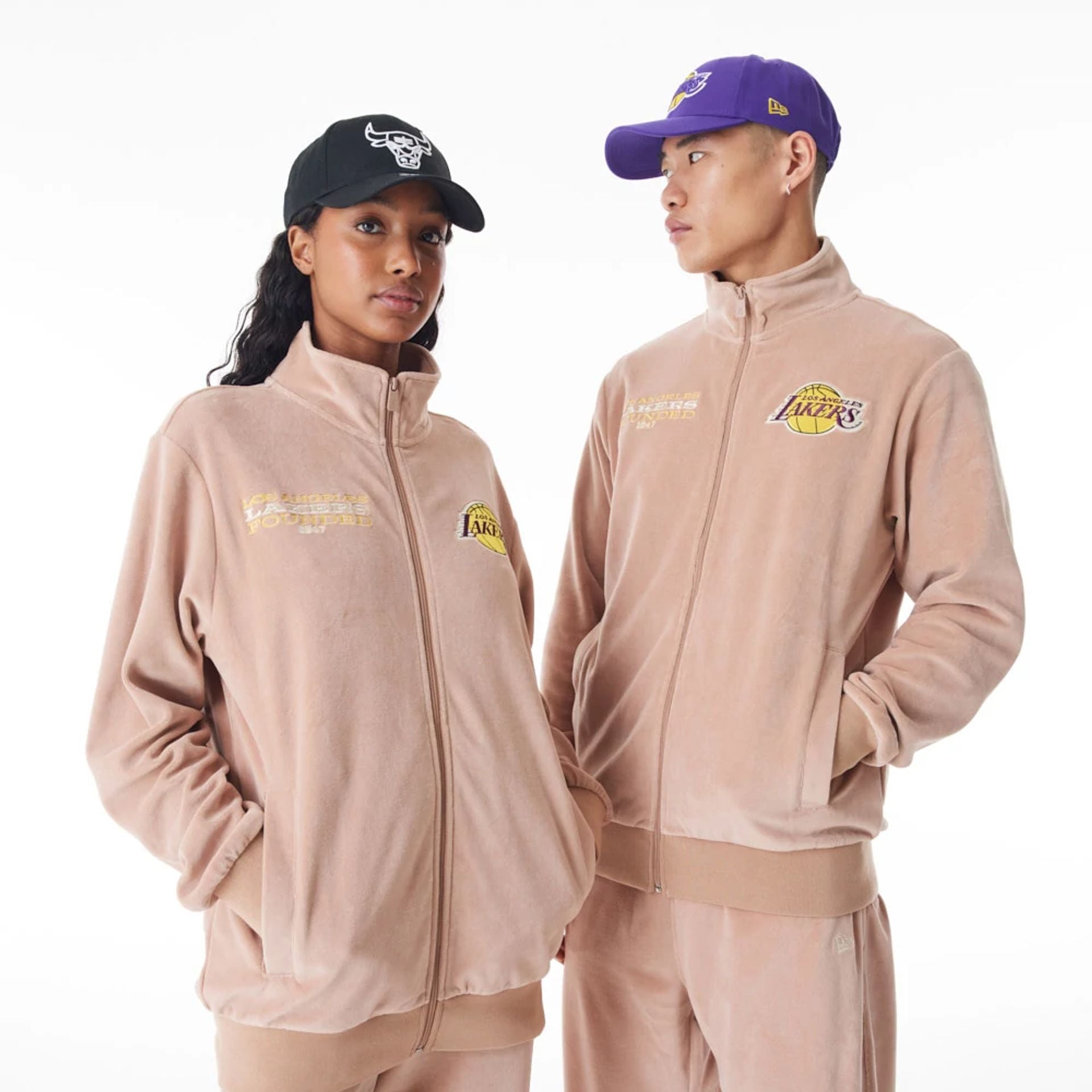 The Male model is wearing LA Lakers NBA Lifestyle Velour Beige Track Jacket  12