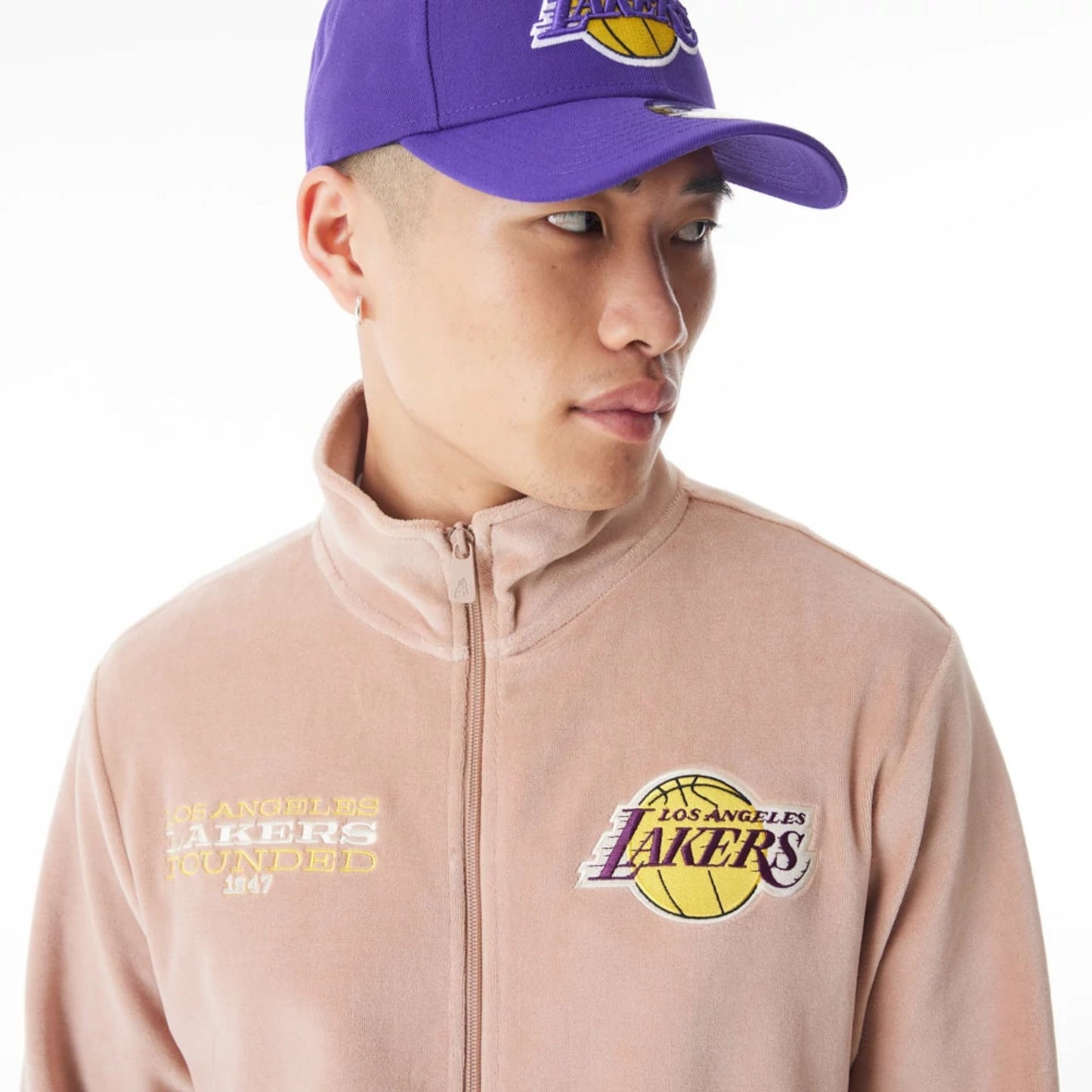 The Male model is wearing LA Lakers NBA Lifestyle Velour Beige Track Jacket  7