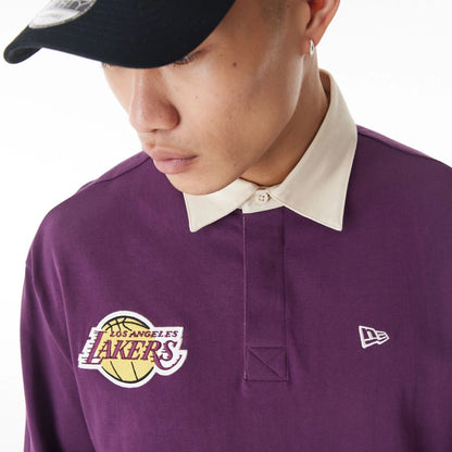 The Male model is wearing LA Lakers NBA Lifestyle Dark Purple Rugby Shirt  5