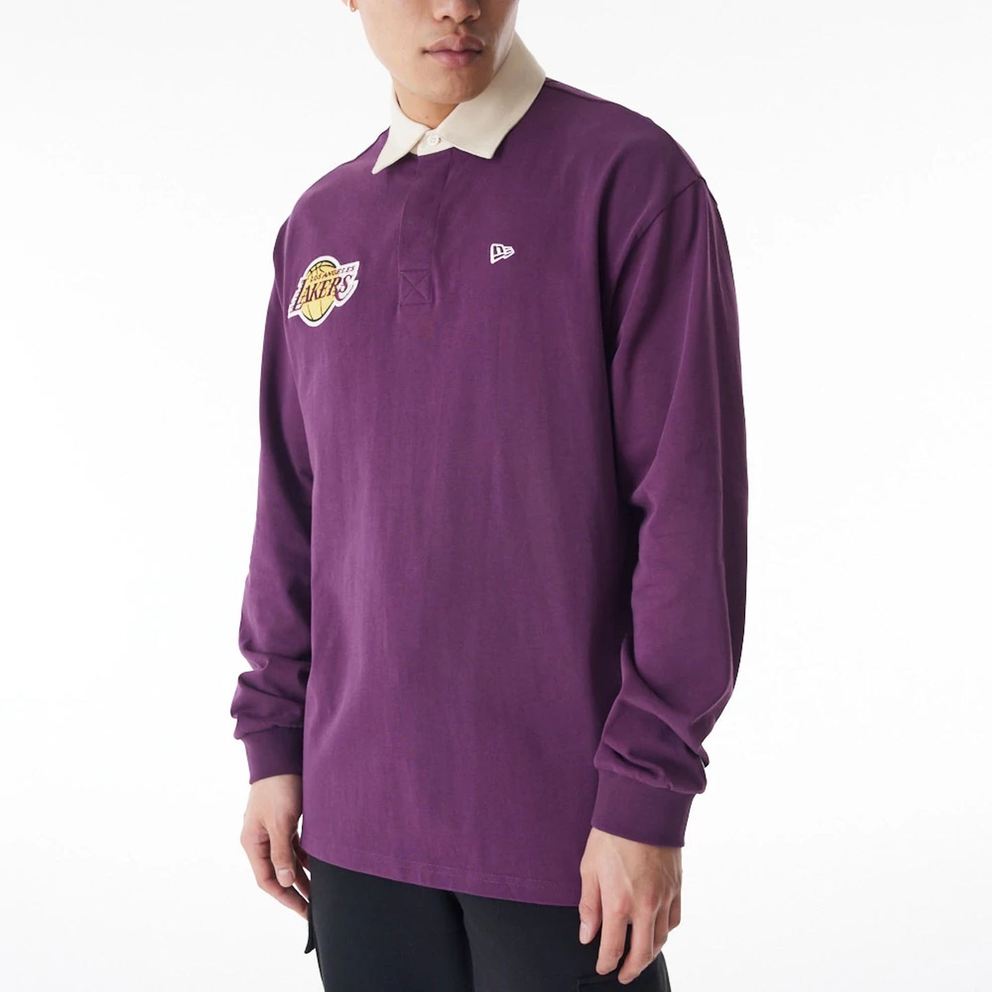 The Male model is wearing LA Lakers NBA Lifestyle Dark Purple Rugby Shirt  2