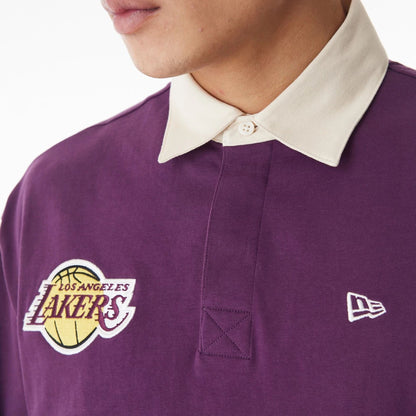 The Male model is wearing LA Lakers NBA Lifestyle Dark Purple Rugby Shirt  3