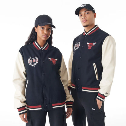 The Male model is wearing Chicago Bulls NBA Lifestyle Black Varsity Jacket  1