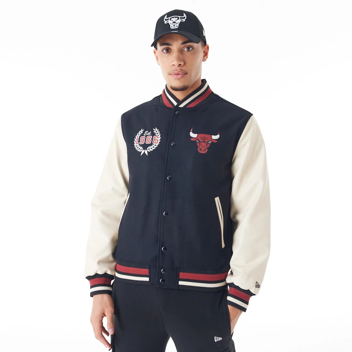 The Male model is wearing Chicago Bulls NBA Lifestyle Black Varsity Jacket  8