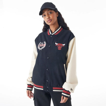 The Male model is wearing Chicago Bulls NBA Lifestyle Black Varsity Jacket  9