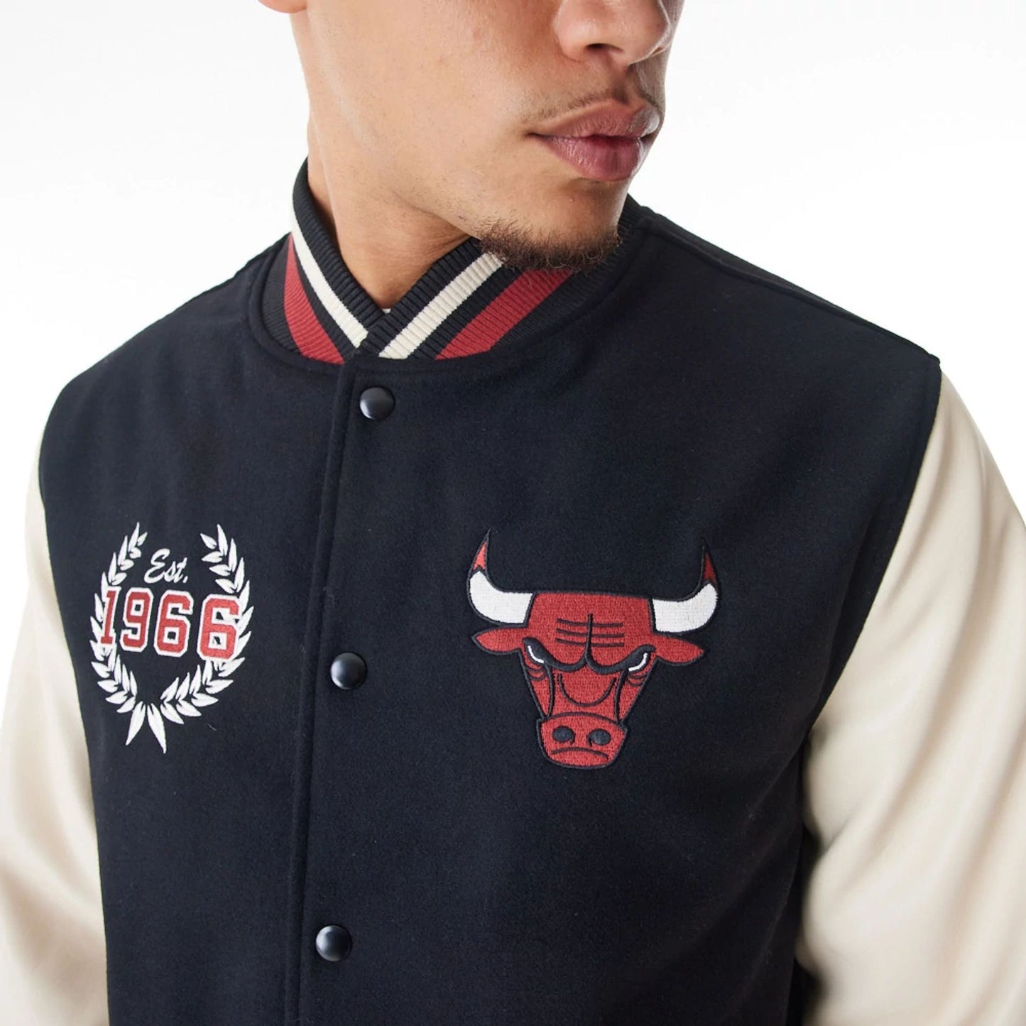 The Male model is wearing Chicago Bulls NBA Lifestyle Black Varsity Jacket  2