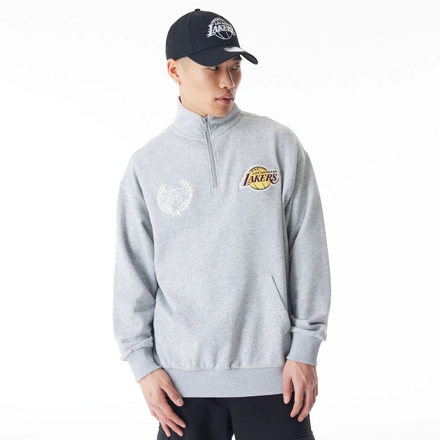 The Male model is wearing LA Lakers NBA Lifestyle Grey Quarter Zip Sweater  3