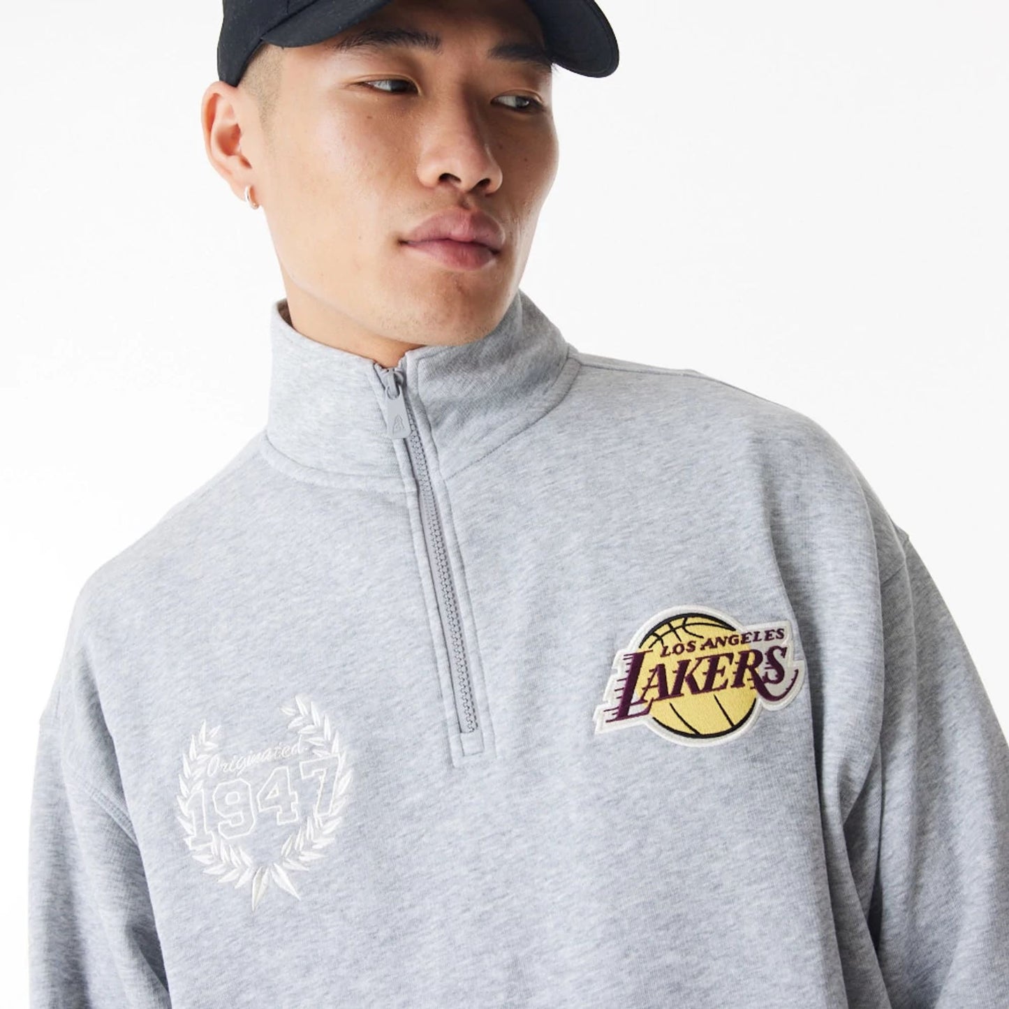 The Male model is wearing LA Lakers NBA Lifestyle Grey Quarter Zip Sweater  4