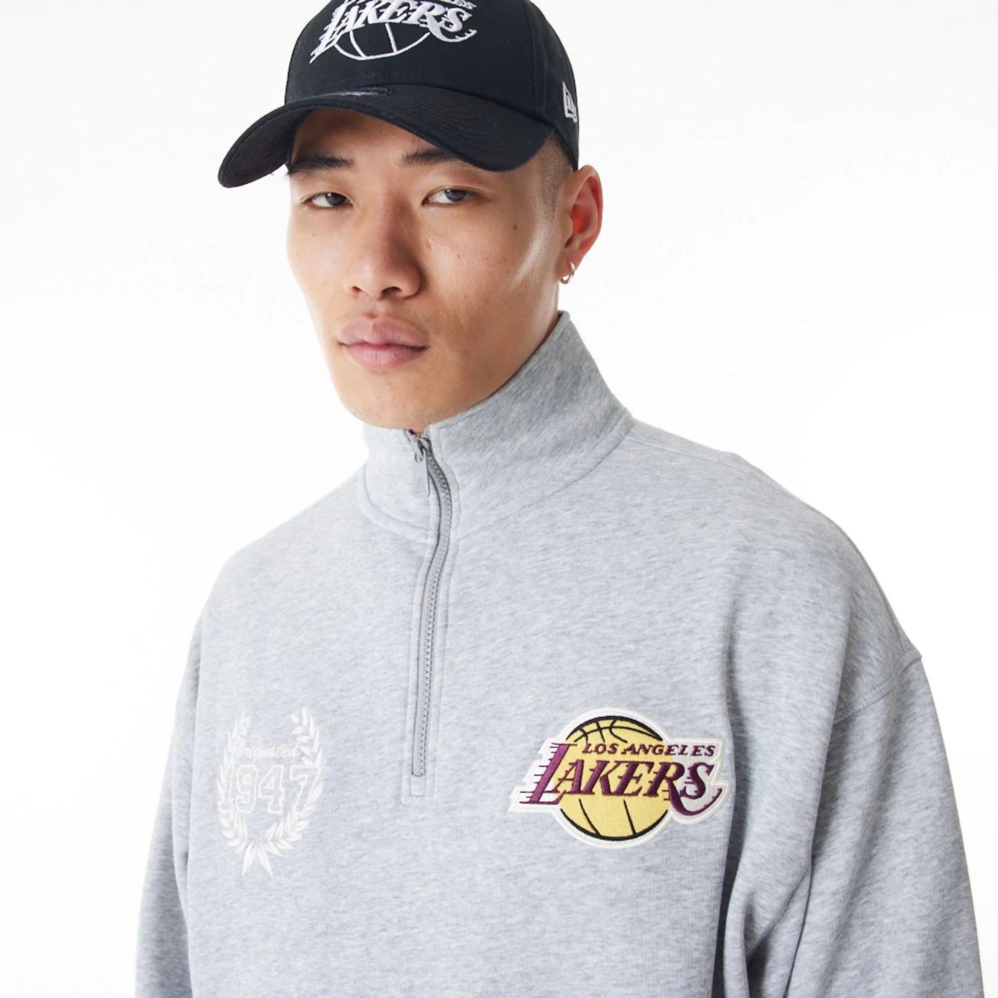 The Male model is wearing LA Lakers NBA Lifestyle Grey Quarter Zip Sweater  6