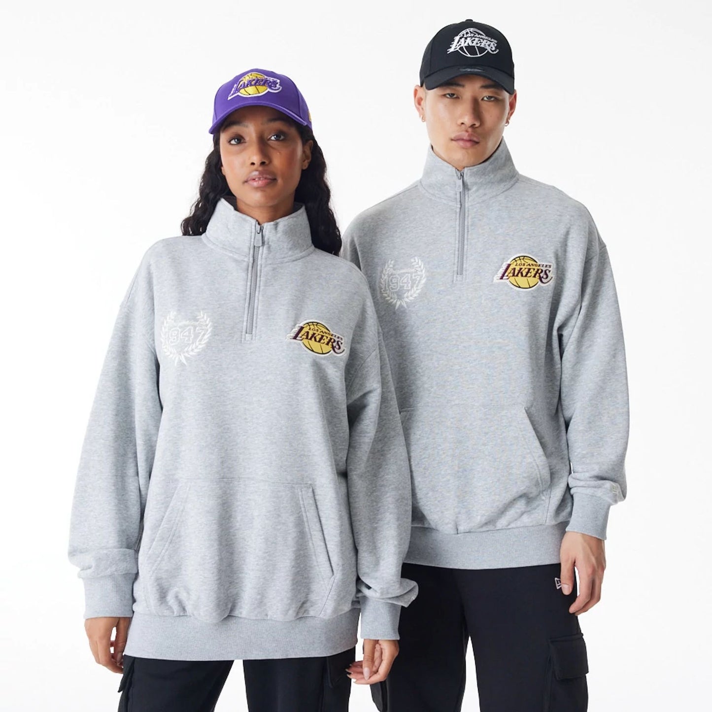 The Male model is wearing LA Lakers NBA Lifestyle Grey Quarter Zip Sweater  1