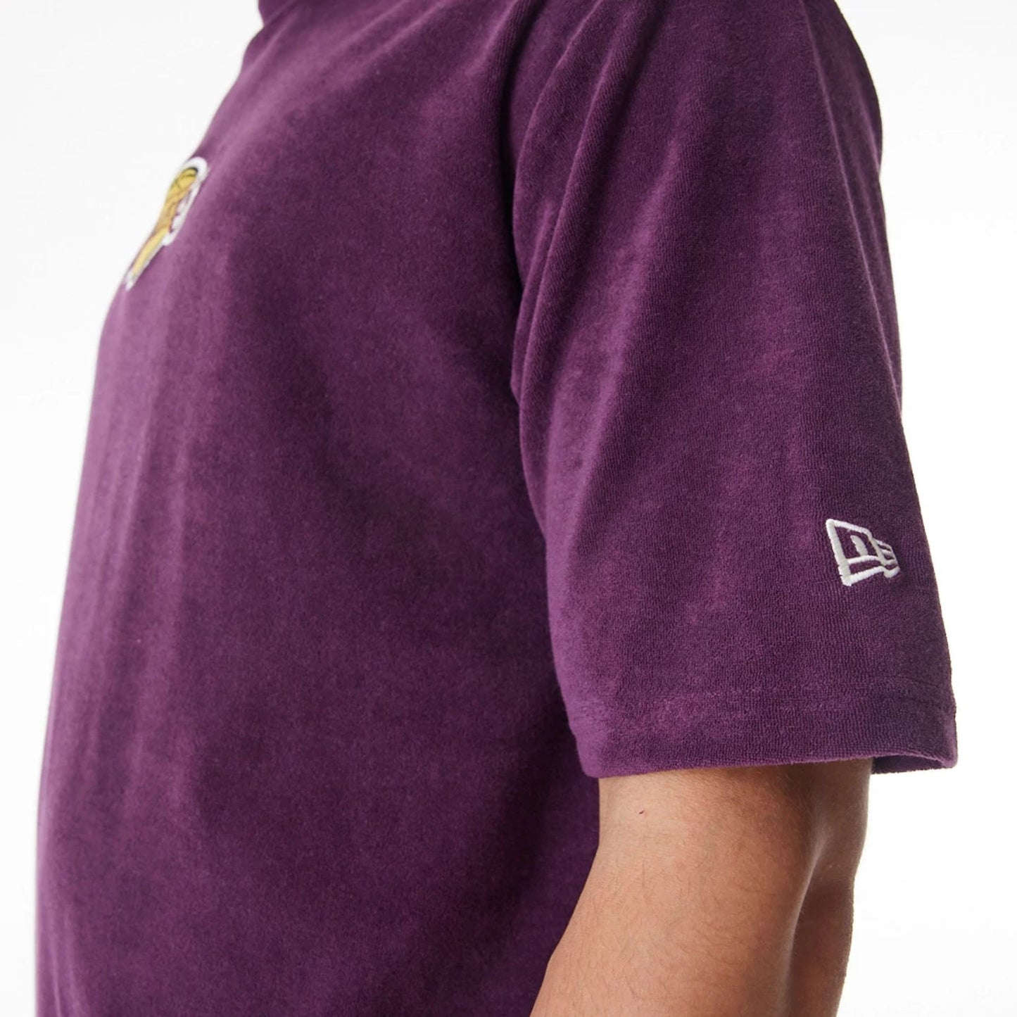 The Male model is wearing LA Lakers NBA Lifestyle Velour Dark Purple Oversized T-Shirt  7