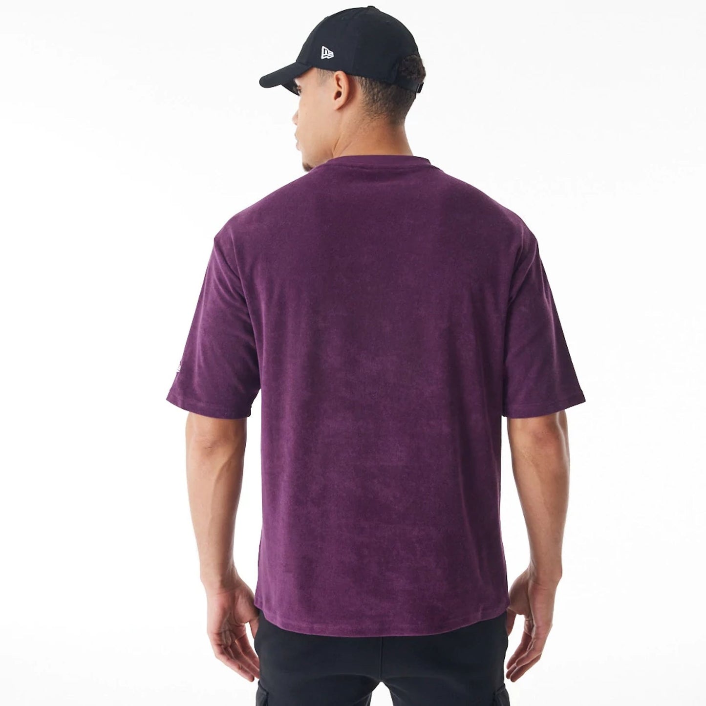 The Male model is wearing LA Lakers NBA Lifestyle Velour Dark Purple Oversized T-Shirt  3