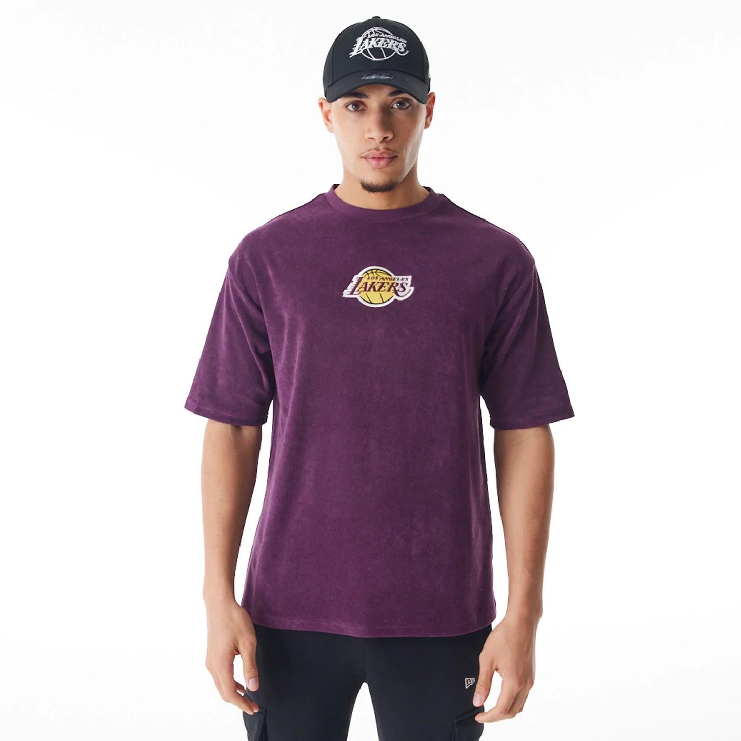 The Male model is wearing LA Lakers NBA Lifestyle Velour Dark Purple Oversized T-Shirt  1