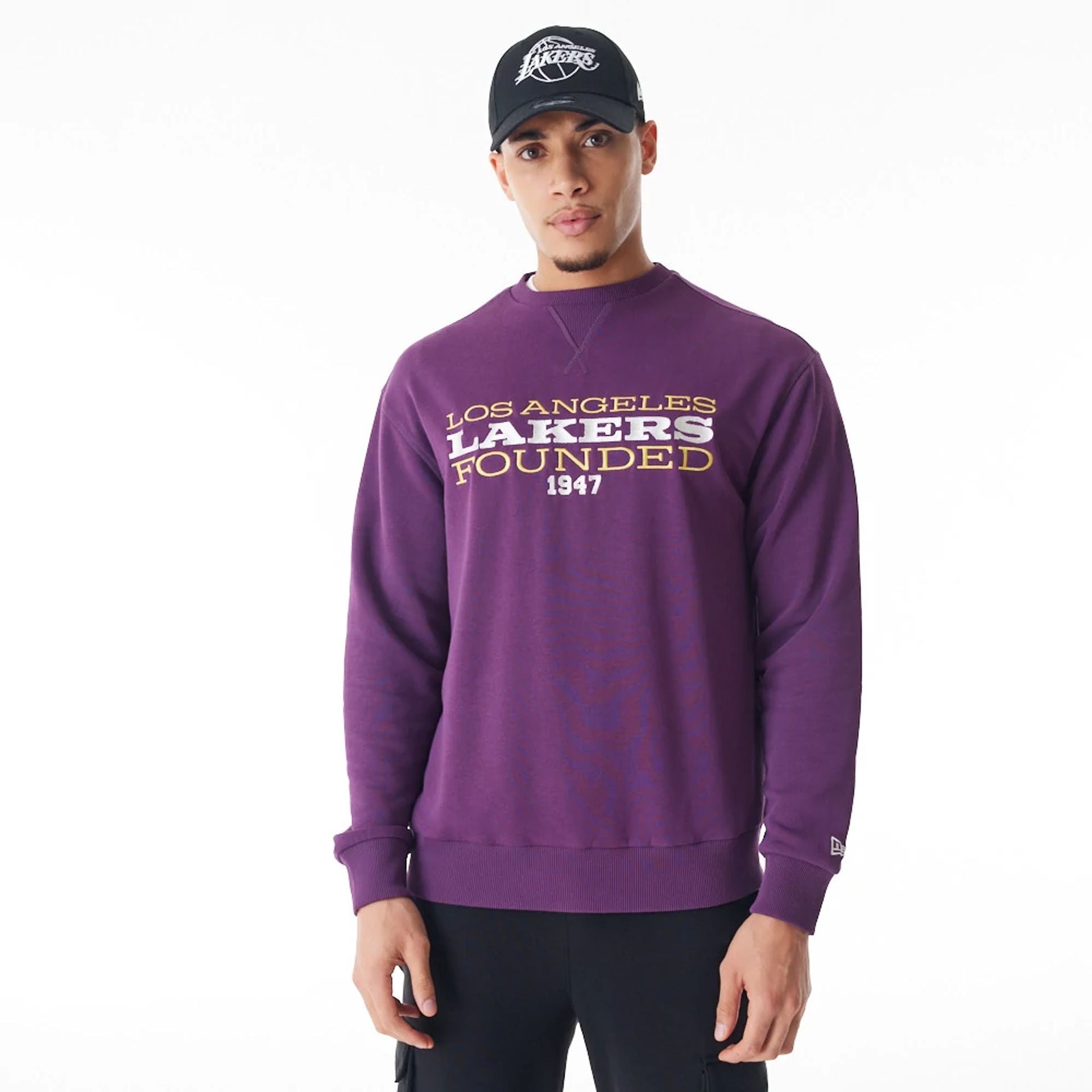 The Male model is wearing LA Lakers NBA Lifestyle Dark Purple Oversized Crew Neck Sweater  5