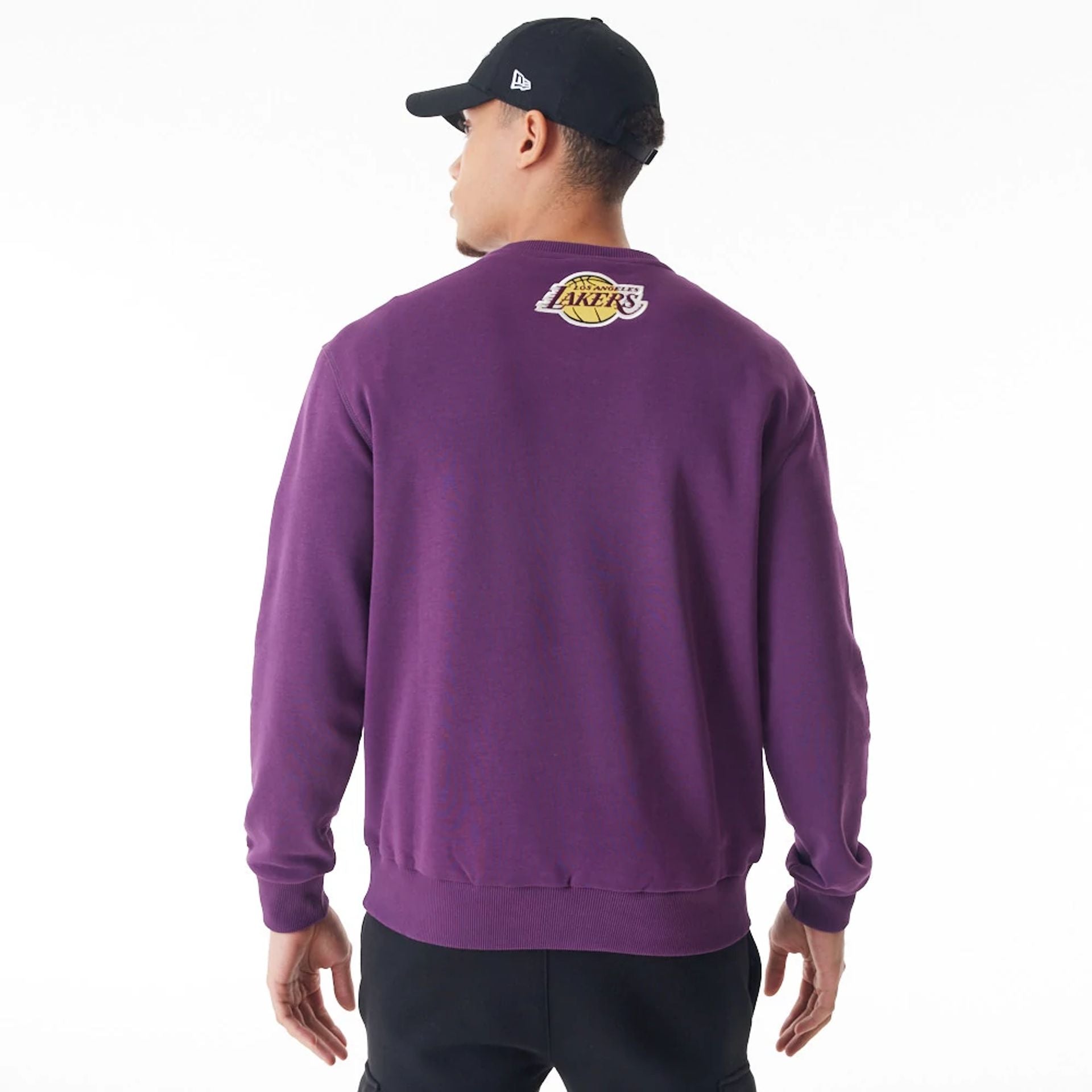 The Male model is wearing LA Lakers NBA Lifestyle Dark Purple Oversized Crew Neck Sweater  2