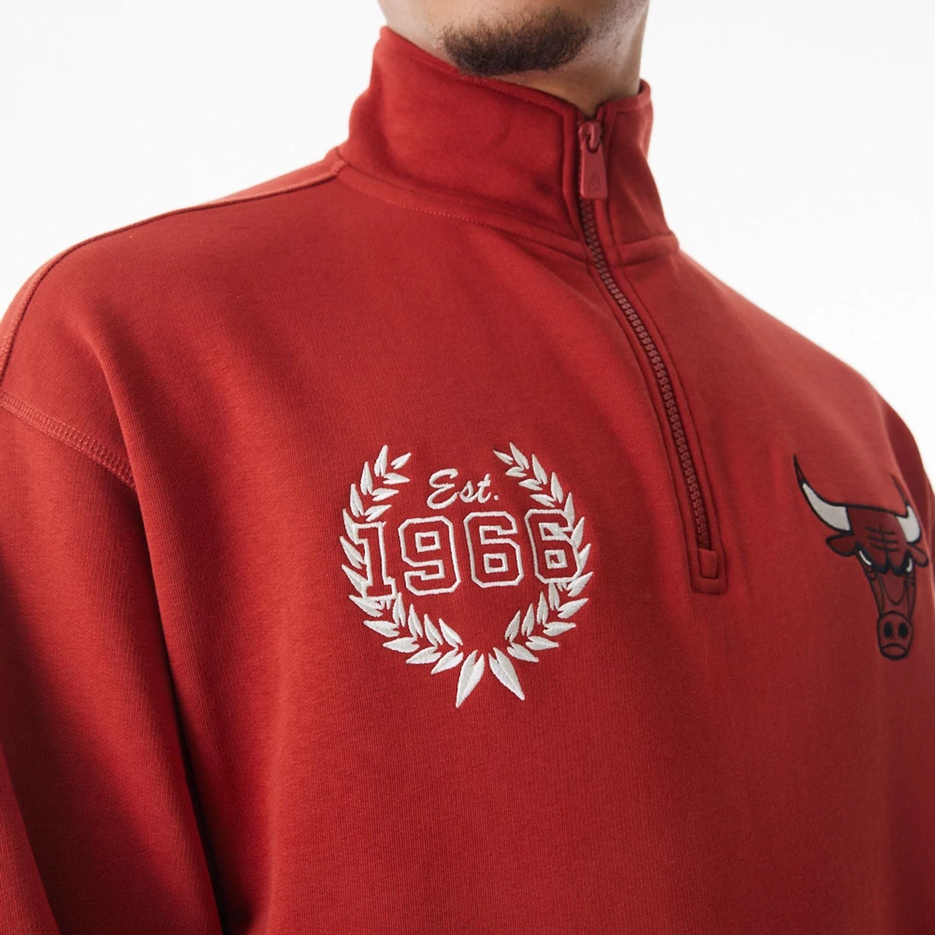 The Male model is wearing Chicago Bulls NBA Lifestyle Red Quarter Zip Sweater  4