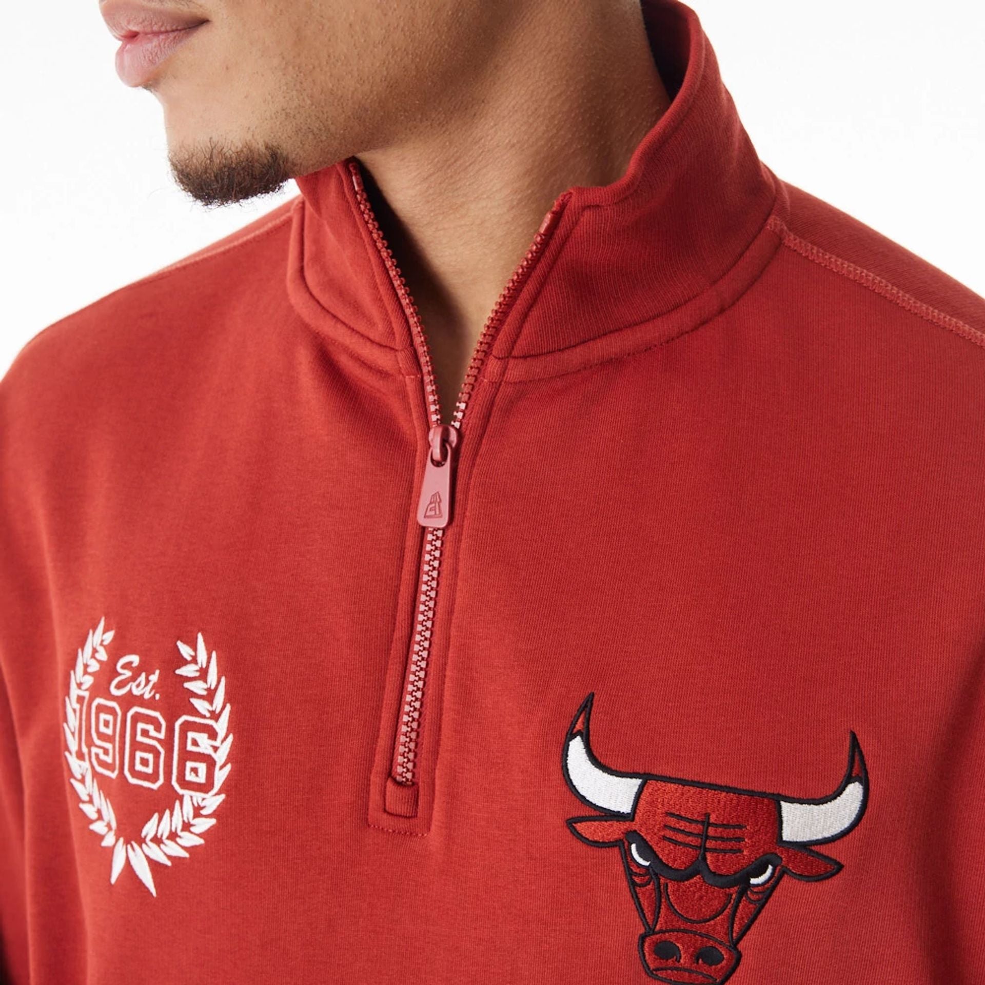 The Male model is wearing Chicago Bulls NBA Lifestyle Red Quarter Zip Sweater  6