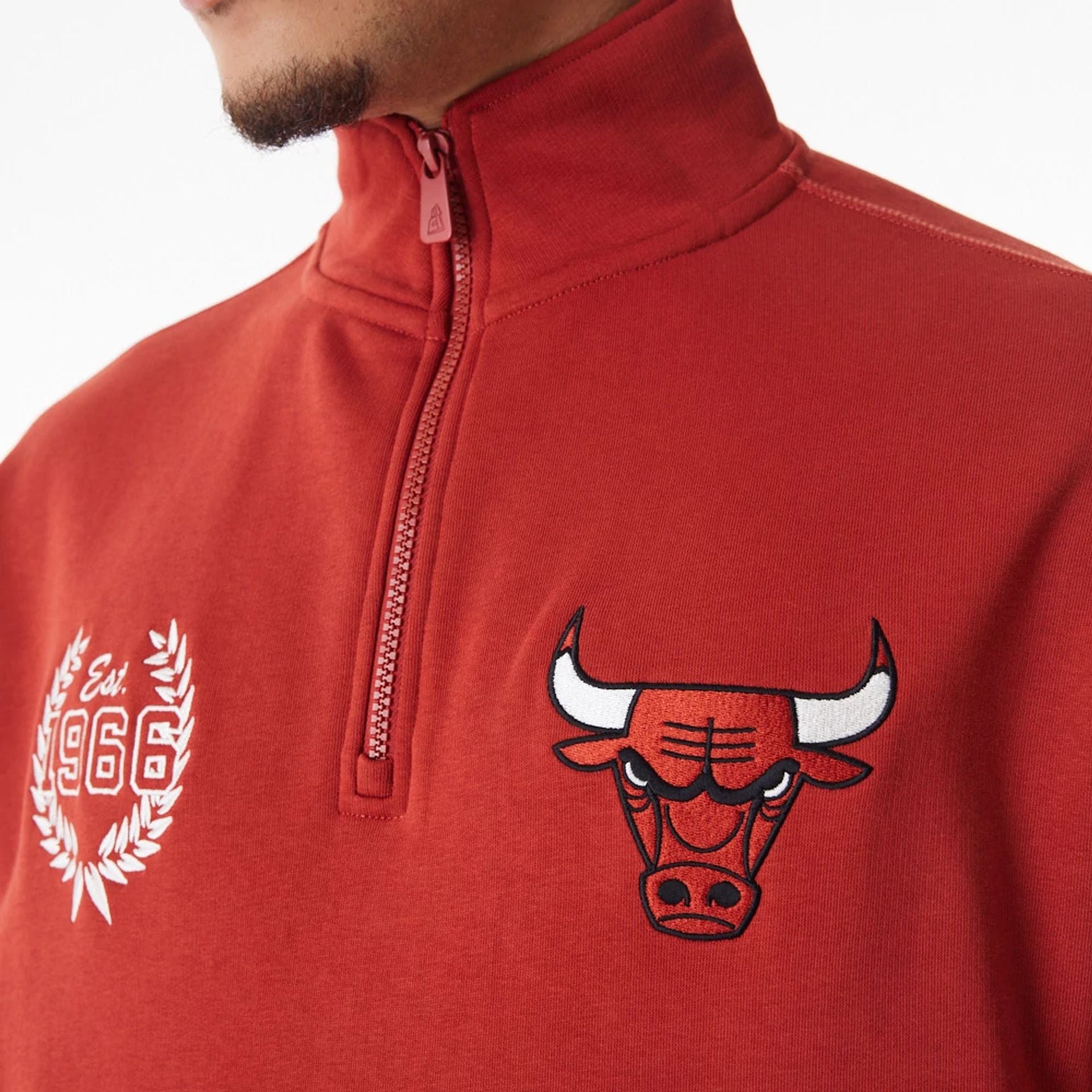 The Male model is wearing Chicago Bulls NBA Lifestyle Red Quarter Zip Sweater  2