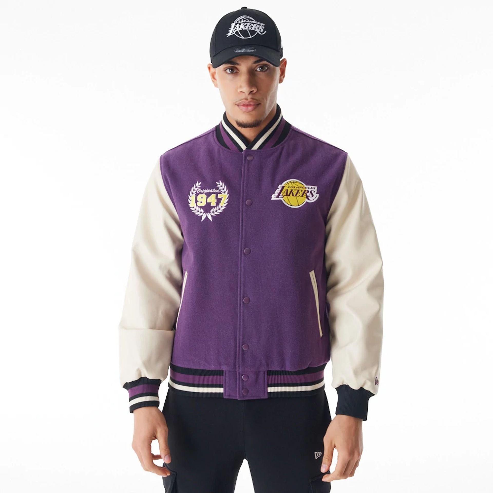 The Male model is wearing LA Lakers NBA Lifestyle Dark Purple Varsity Jacket  1