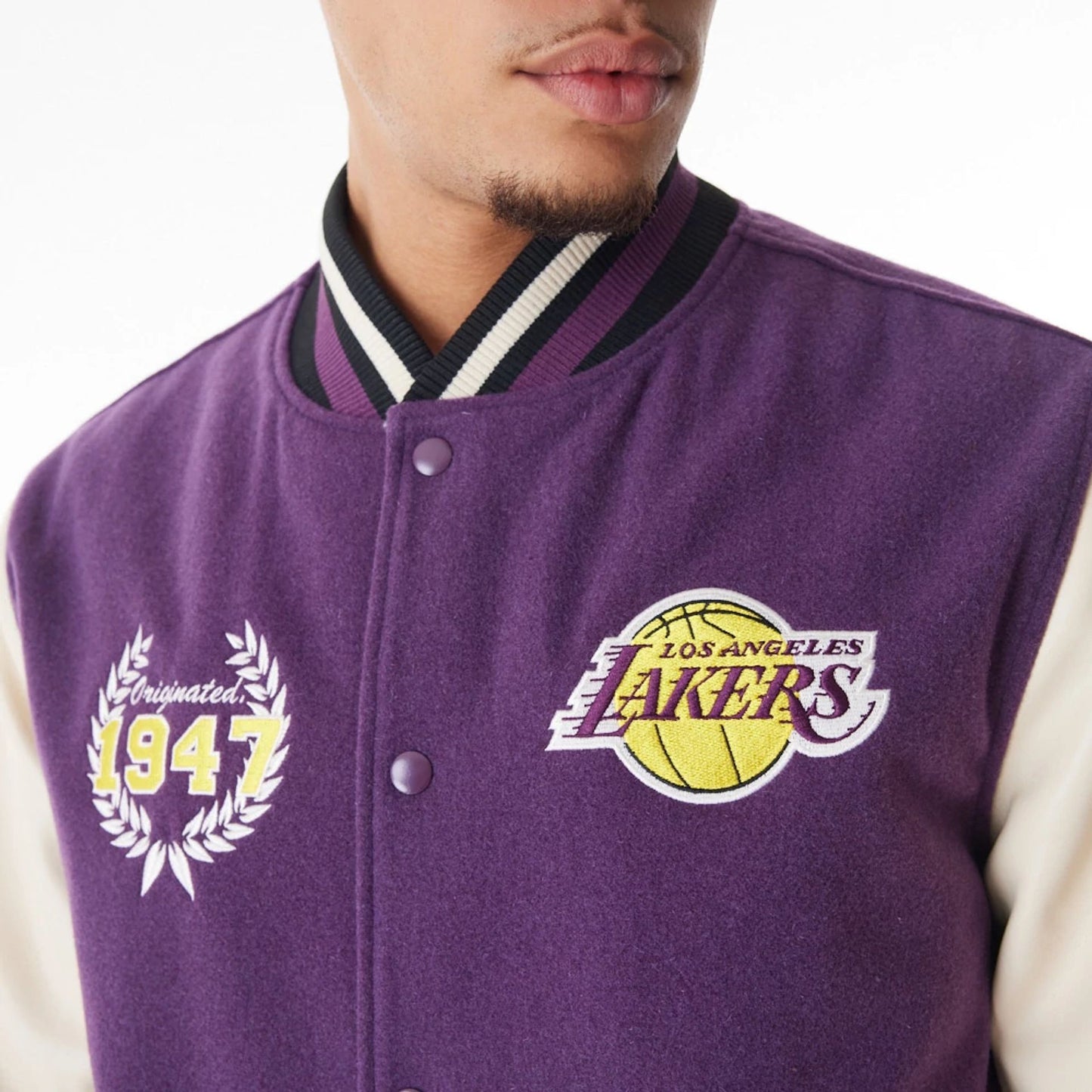 The Male model is wearing LA Lakers NBA Lifestyle Dark Purple Varsity Jacket  5