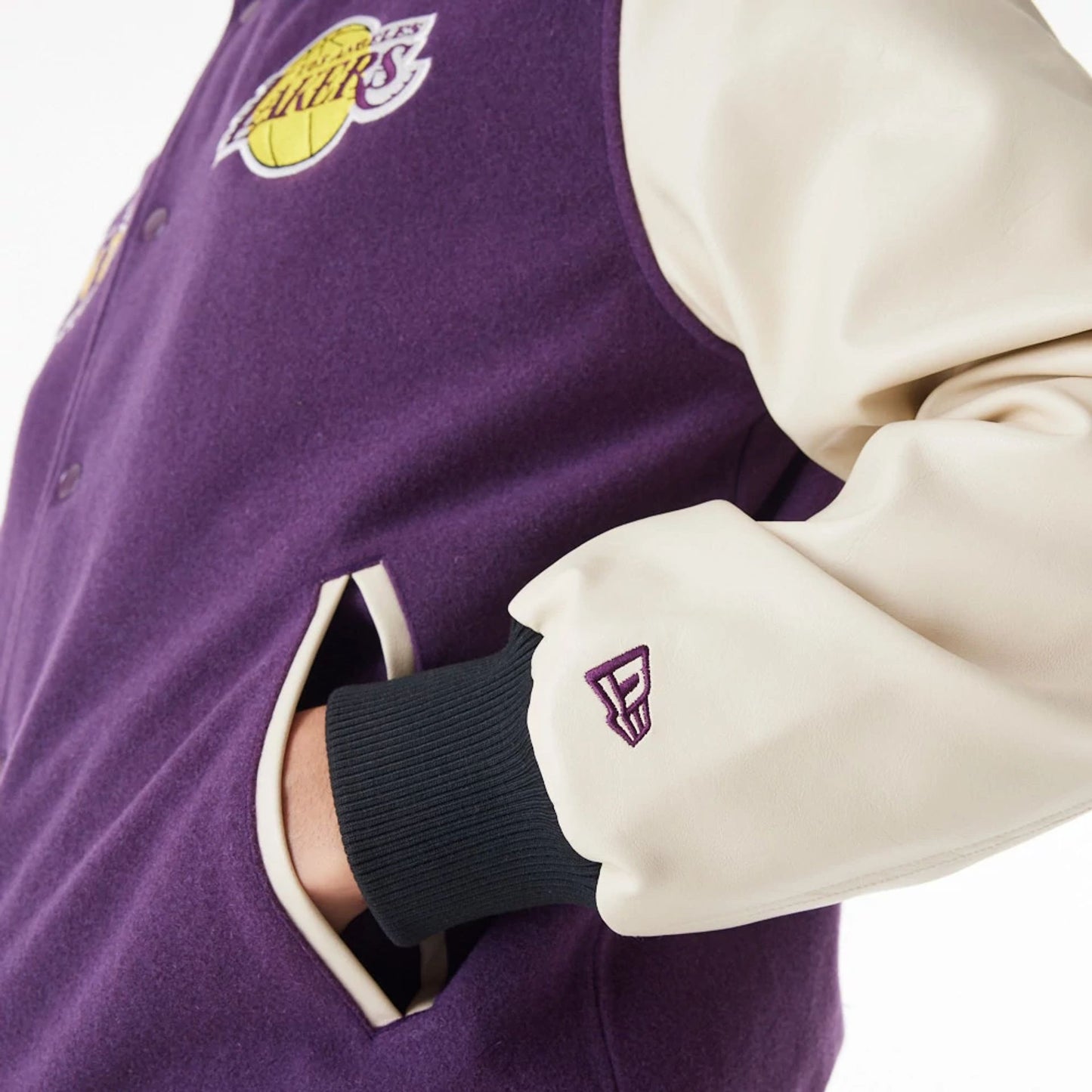 The Male model is wearing LA Lakers NBA Lifestyle Dark Purple Varsity Jacket  6