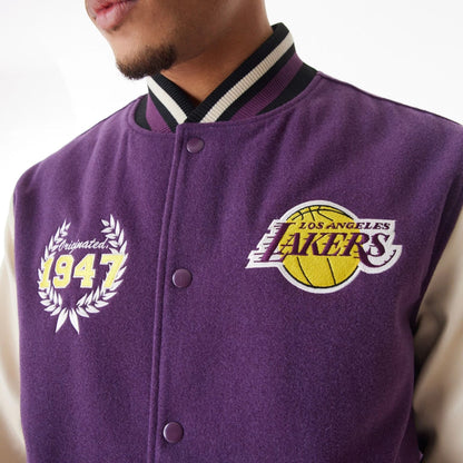 The Male model is wearing LA Lakers NBA Lifestyle Dark Purple Varsity Jacket  7