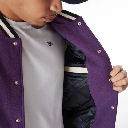 The Male model is wearing LA Lakers NBA Lifestyle Dark Purple Varsity Jacket  3