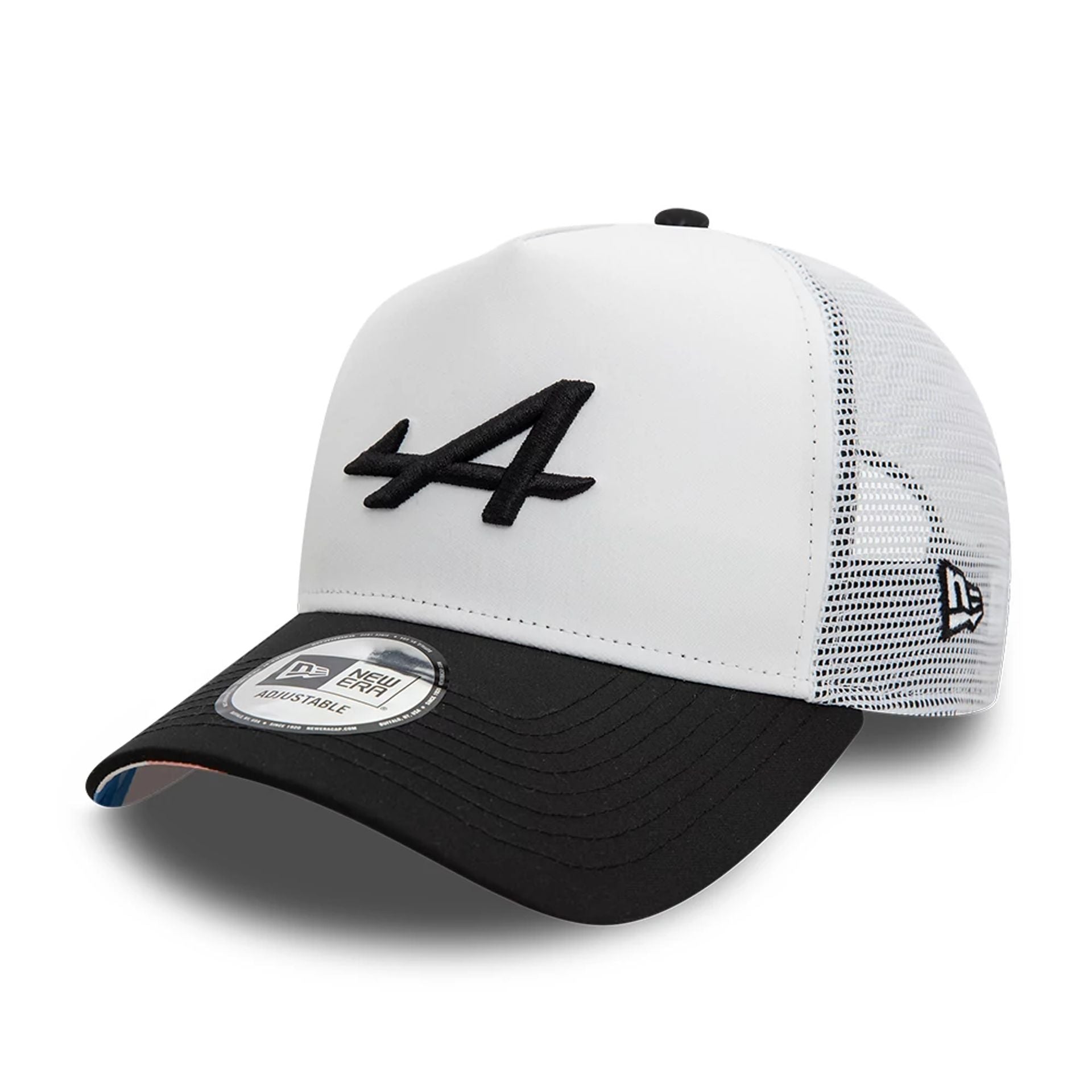 This is a Alpine Racing Logo White 9FORTY E-Frame Trucker Adjustable Cap 1