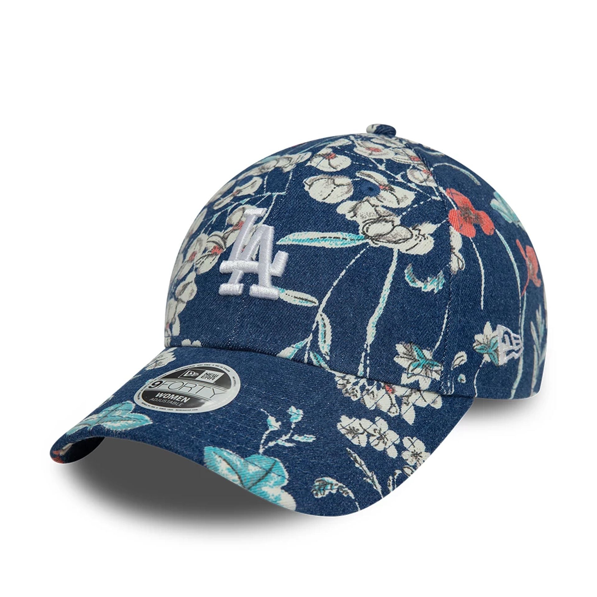 This is a LA Dodgers Womens Denim Floral Dark Blue 9FORTY Adjustable Cap 1