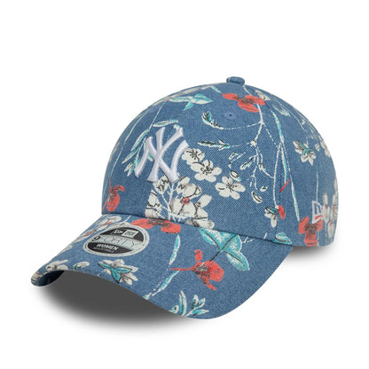 This is a New York Yankees Womens Denim Floral Blue 9FORTY Adjustable Cap 1