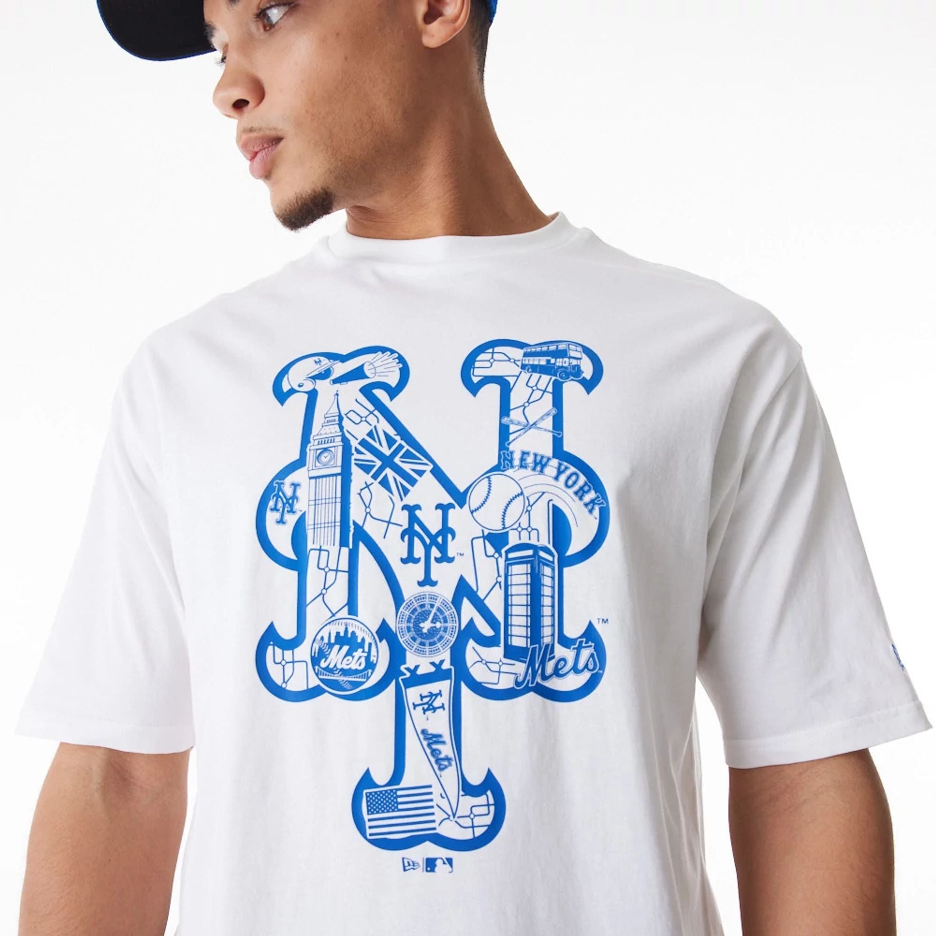 The Male model is wearing New York Mets MLB London Series 2024 City White Oversized T-Shirt 5