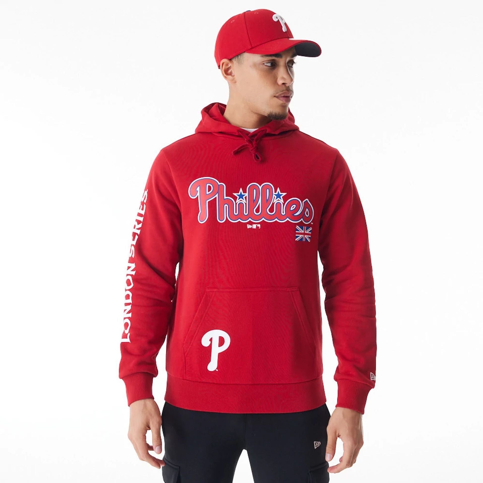 The Male model is wearing Philadelphia Phillies MLB London Series 2024 Red Pullover Hoodie 1