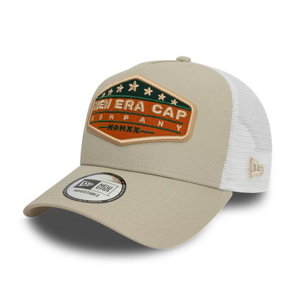 This is a New Era Patch Light Beige 9FORTY A-Frame Trucker Adjustable Cap 1