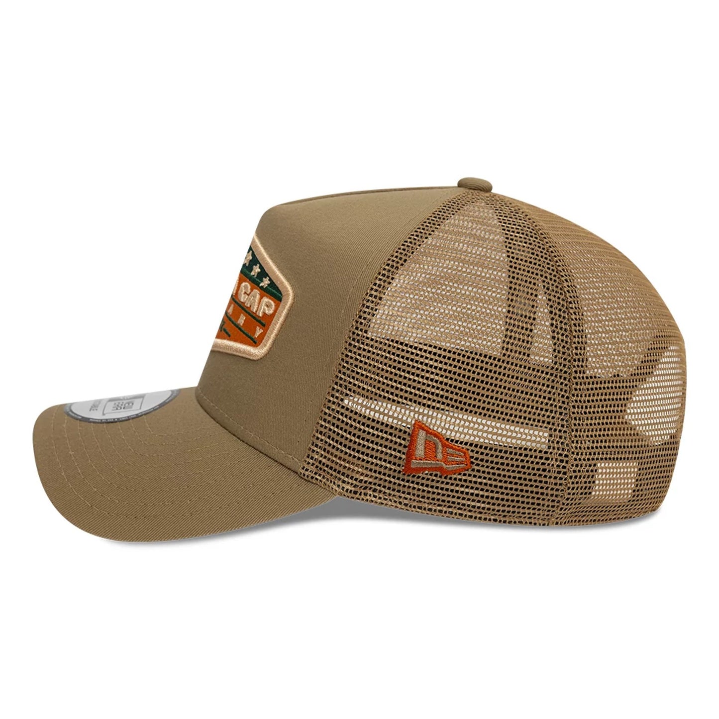 This is a New Era Patch Beige 9FORTY A-Frame Trucker Adjustable Cap 5