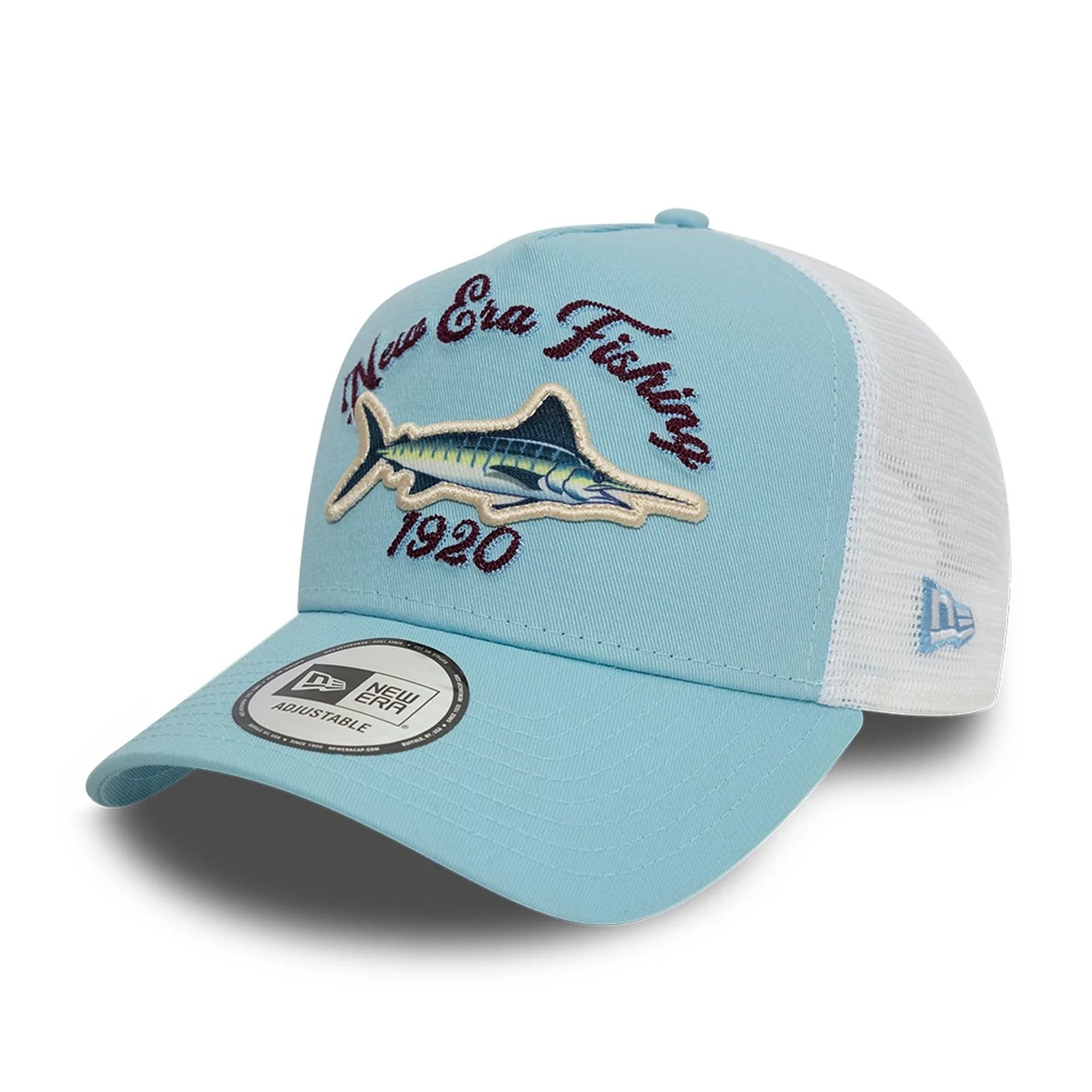 This is a New Era Fishing Marlin White 9FORTY A-Frame Trucker Adjustable Cap 1