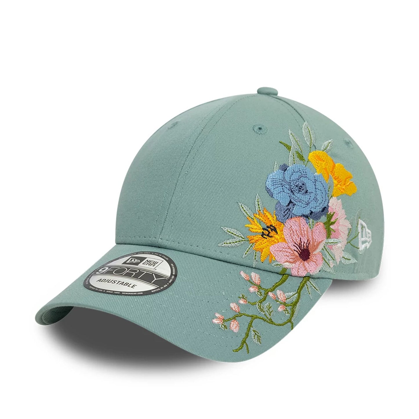 This is a New Era Floral Pastel Blue 9FORTY Adjustable Cap 1