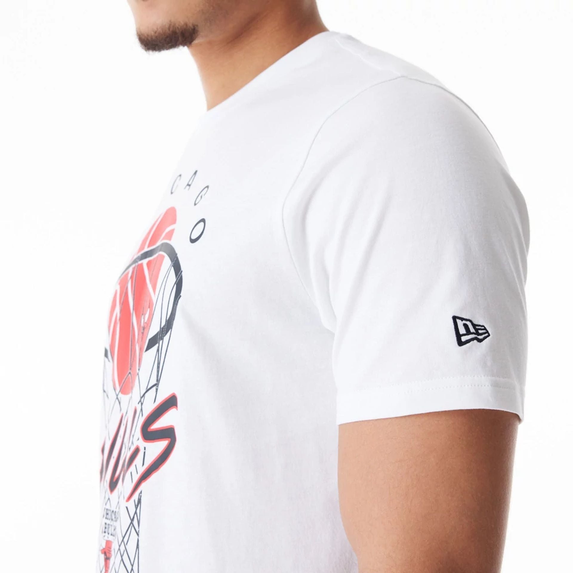 The Male model is wearing Chicago Bulls NBA Net Graphic White T-Shirt 5