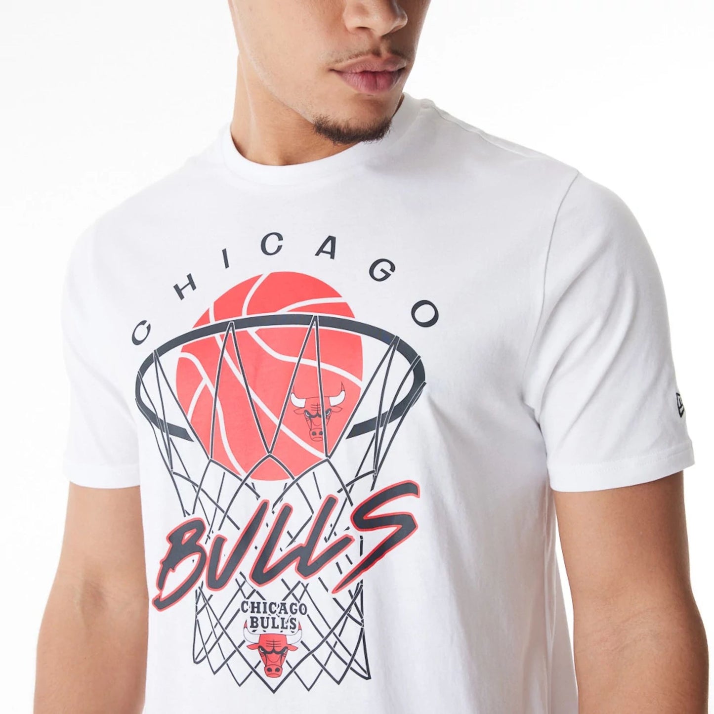 The Male model is wearing Chicago Bulls NBA Net Graphic White T-Shirt 3