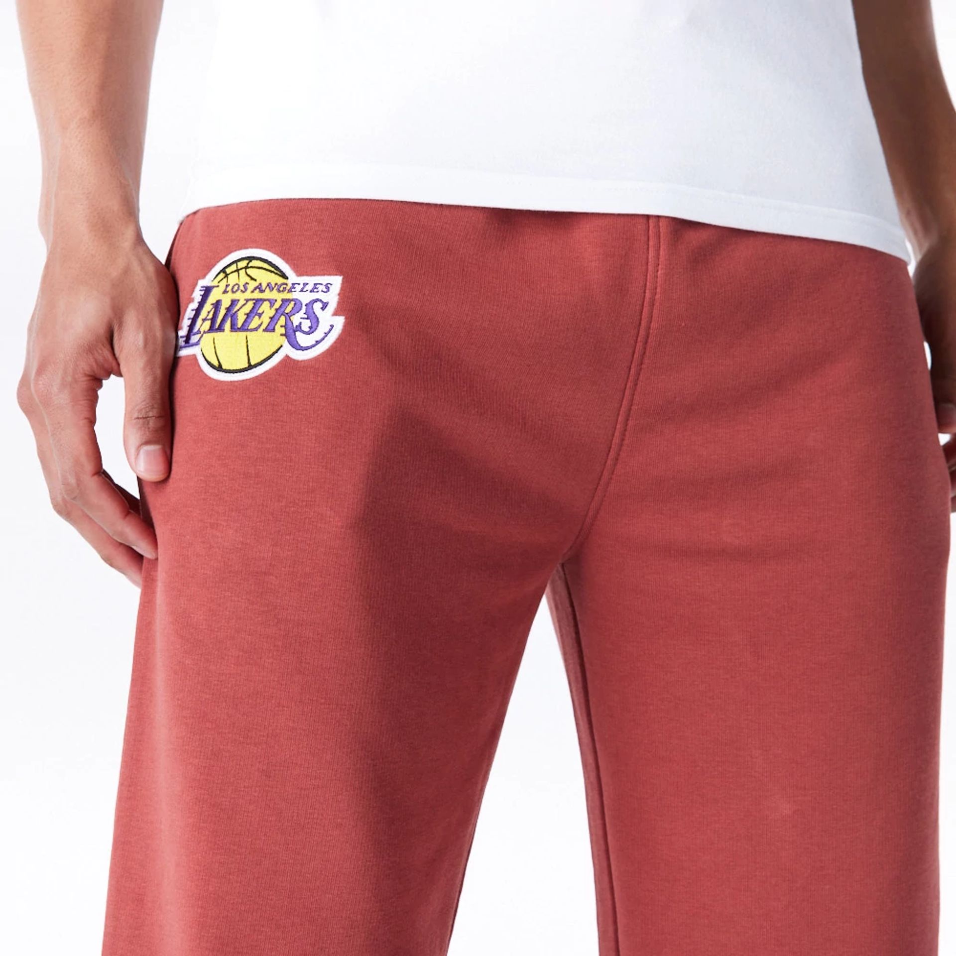 The Male model is wearing LA Lakers League Essential Brown Track Joggers  1