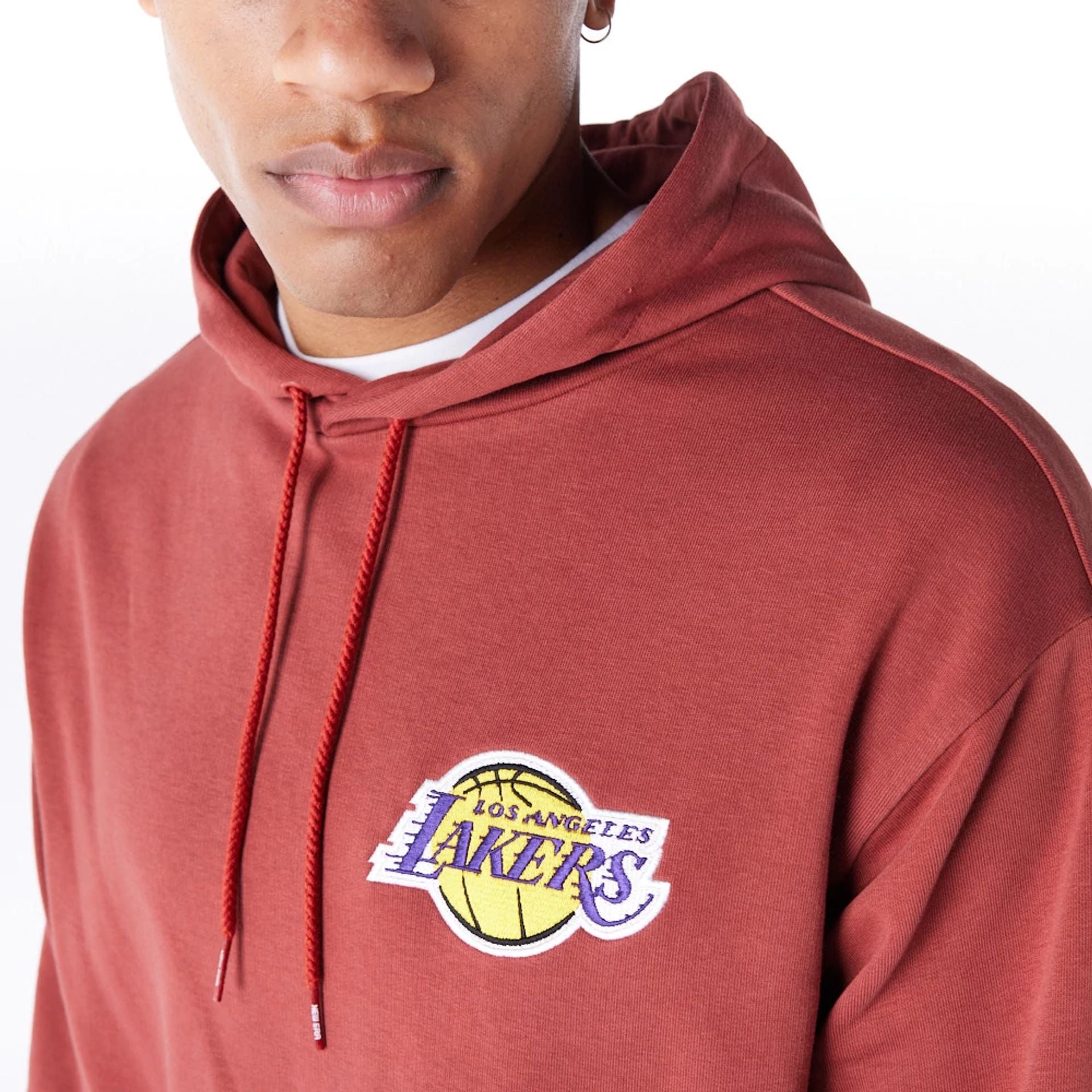 The Male model is wearing LA Lakers League Essential Brown Oversized Pullover Hoodie  7