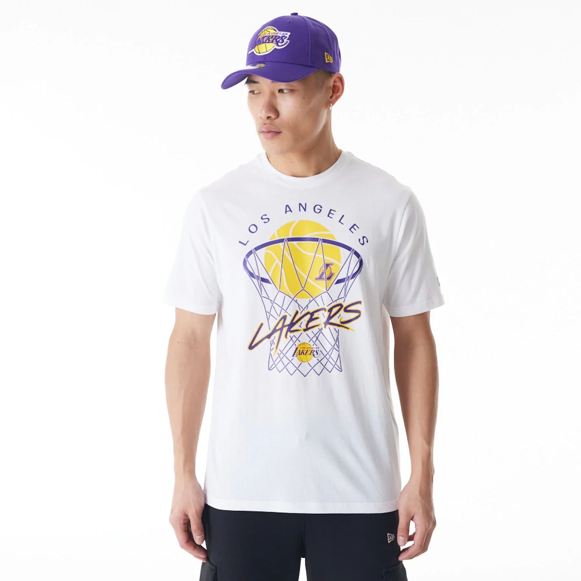 The Male model is wearing LA Lakers NBA Net Graphic White T-Shirt 1