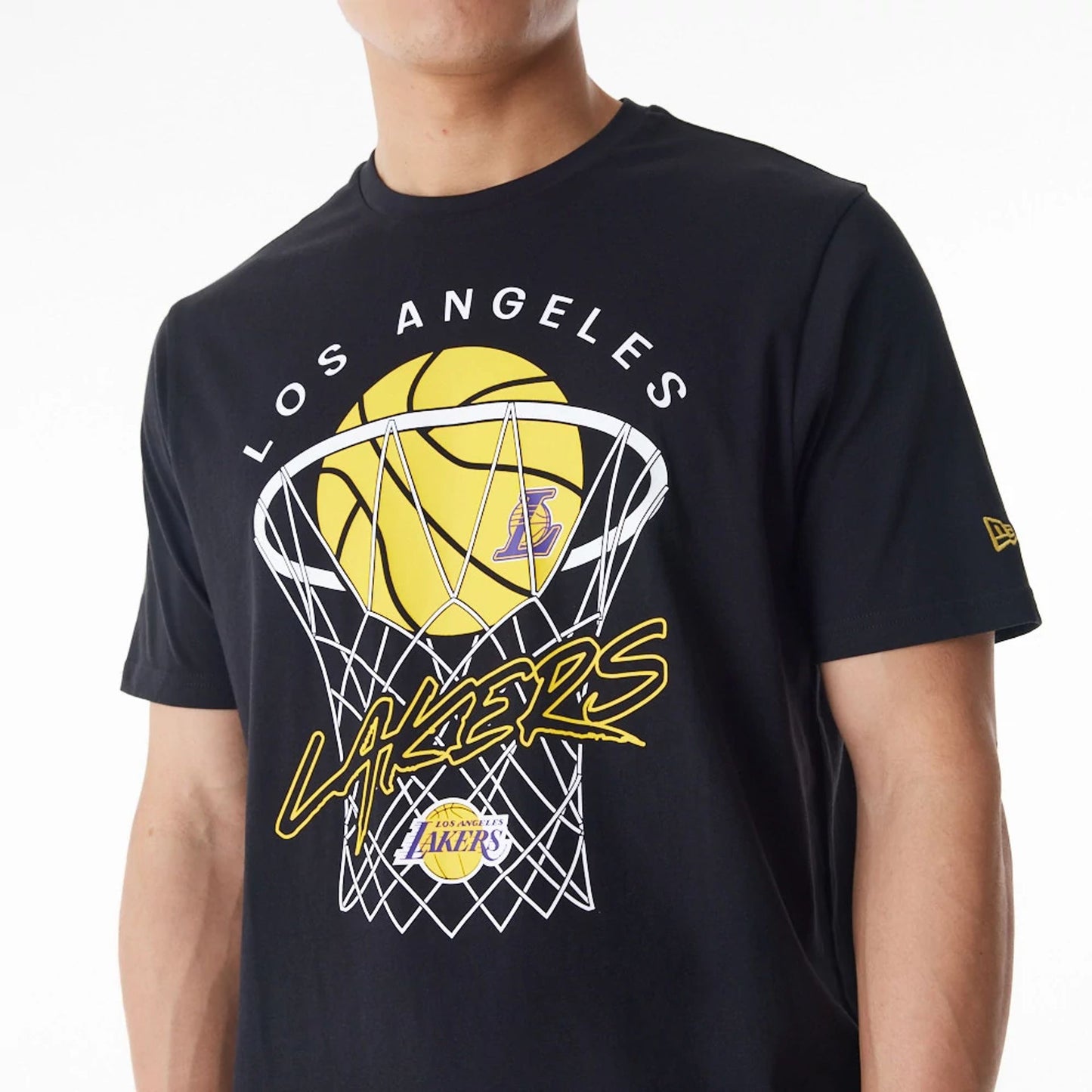 The Male model is wearing LA Lakers NBA Net Graphic Black T-Shirt 6