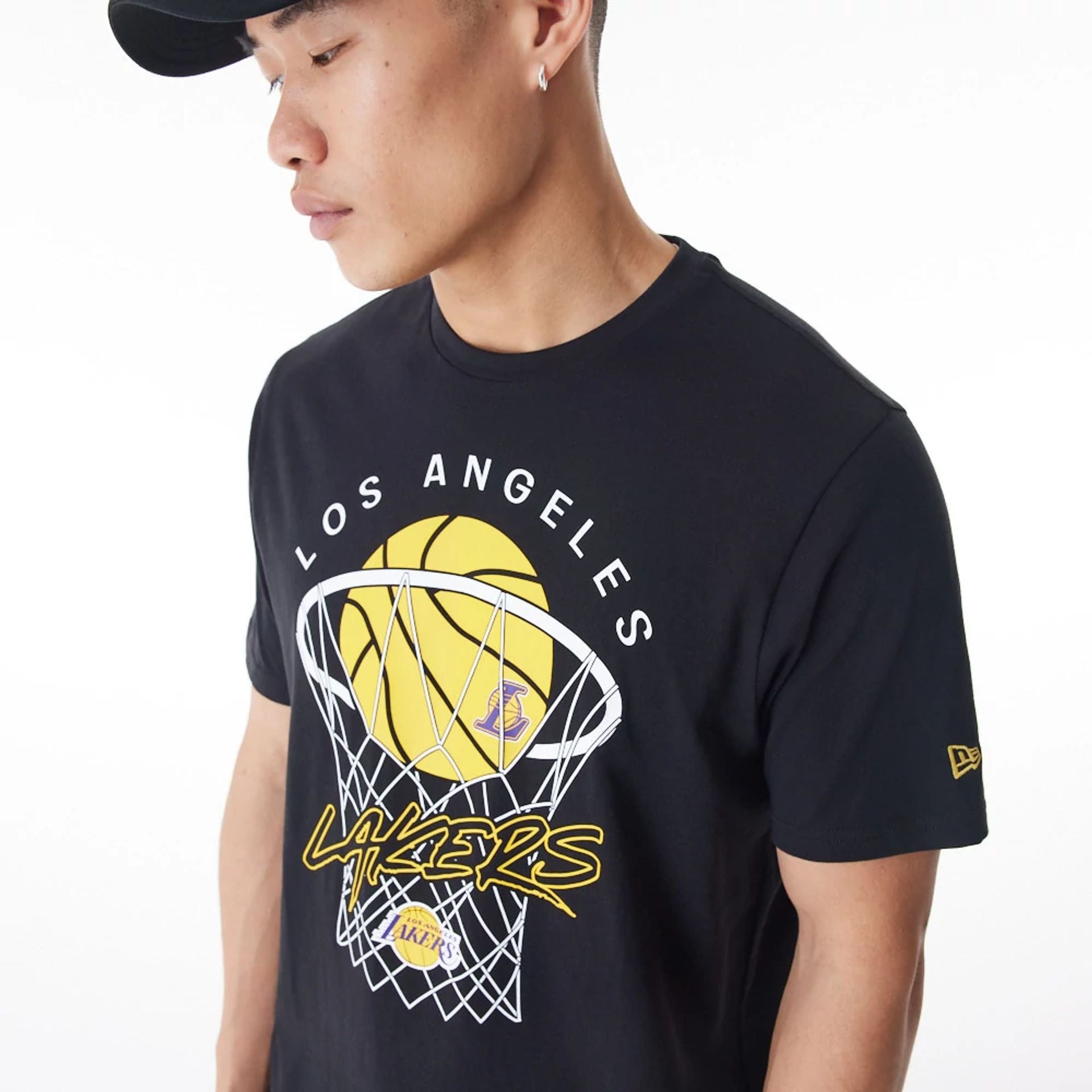 The Male model is wearing LA Lakers NBA Net Graphic Black T-Shirt 4