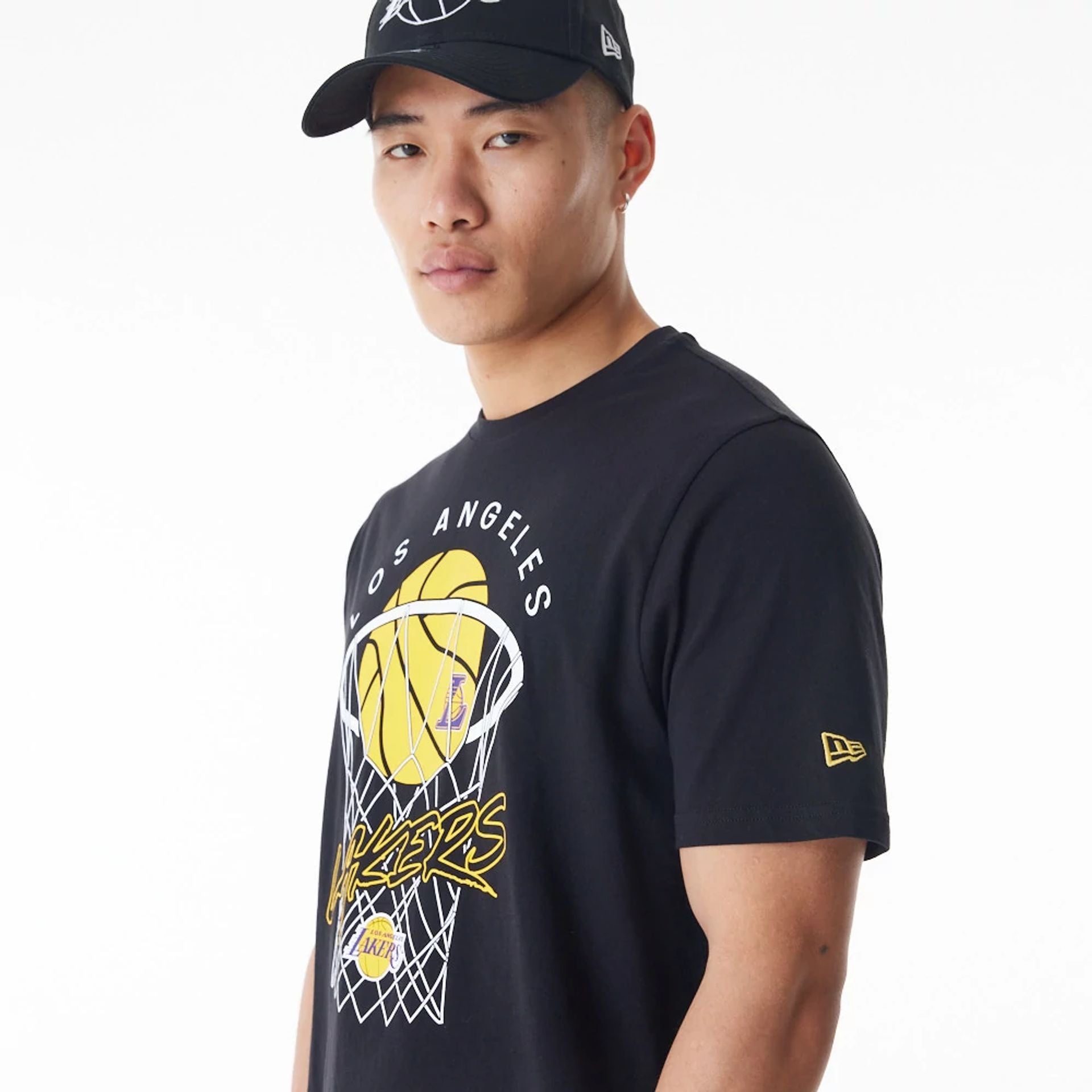 The Male model is wearing LA Lakers NBA Net Graphic Black T-Shirt 5