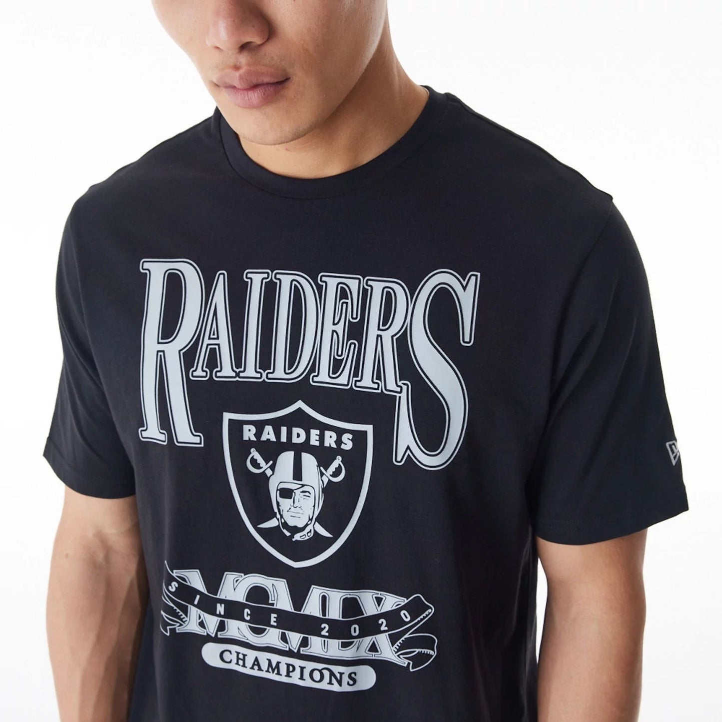 The Male model is wearing Las Vegas Raiders NFL Champions Graphic Black T-Shirt 4