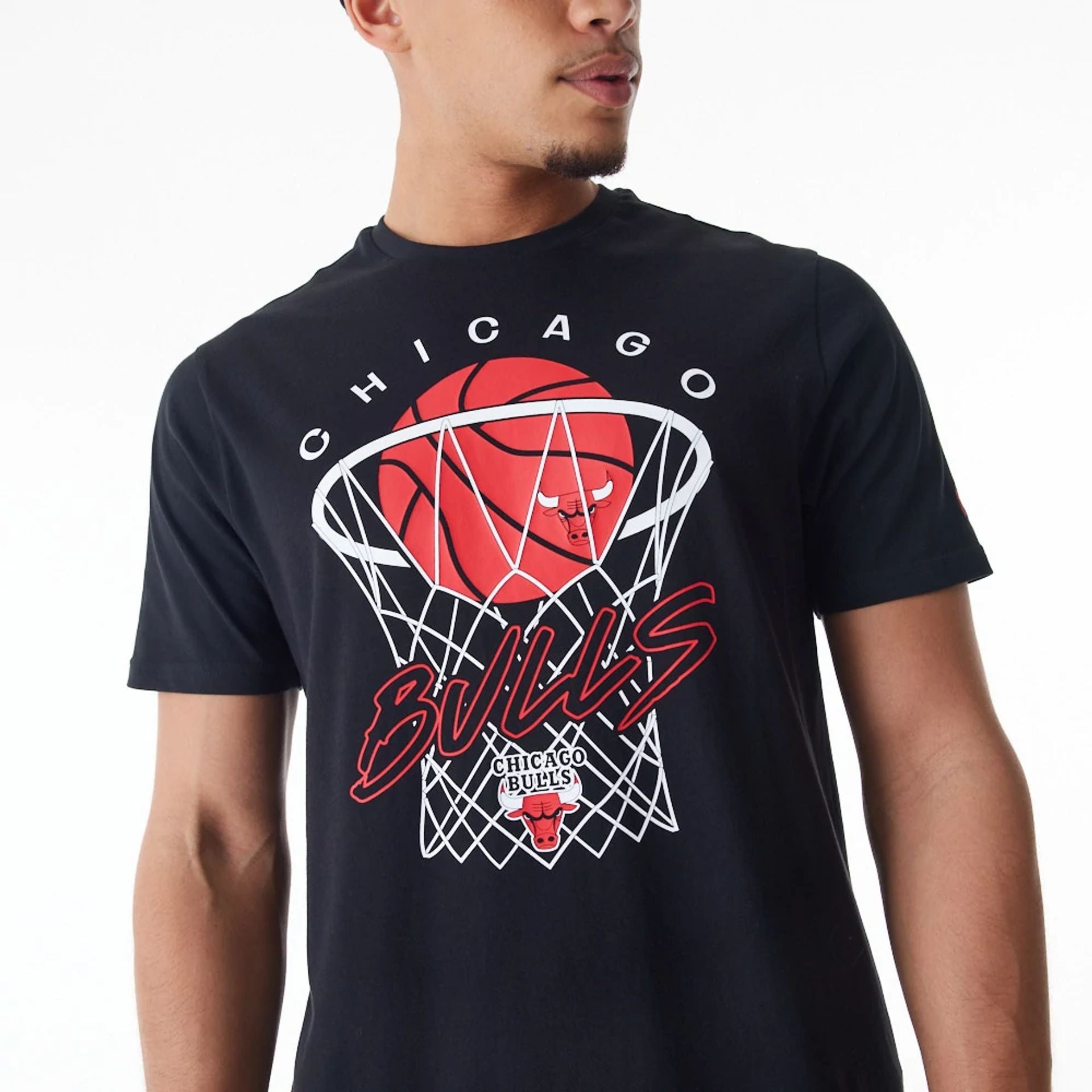 The Male model is wearing Chicago Bulls NBA Net Graphic Black T-Shirt 3