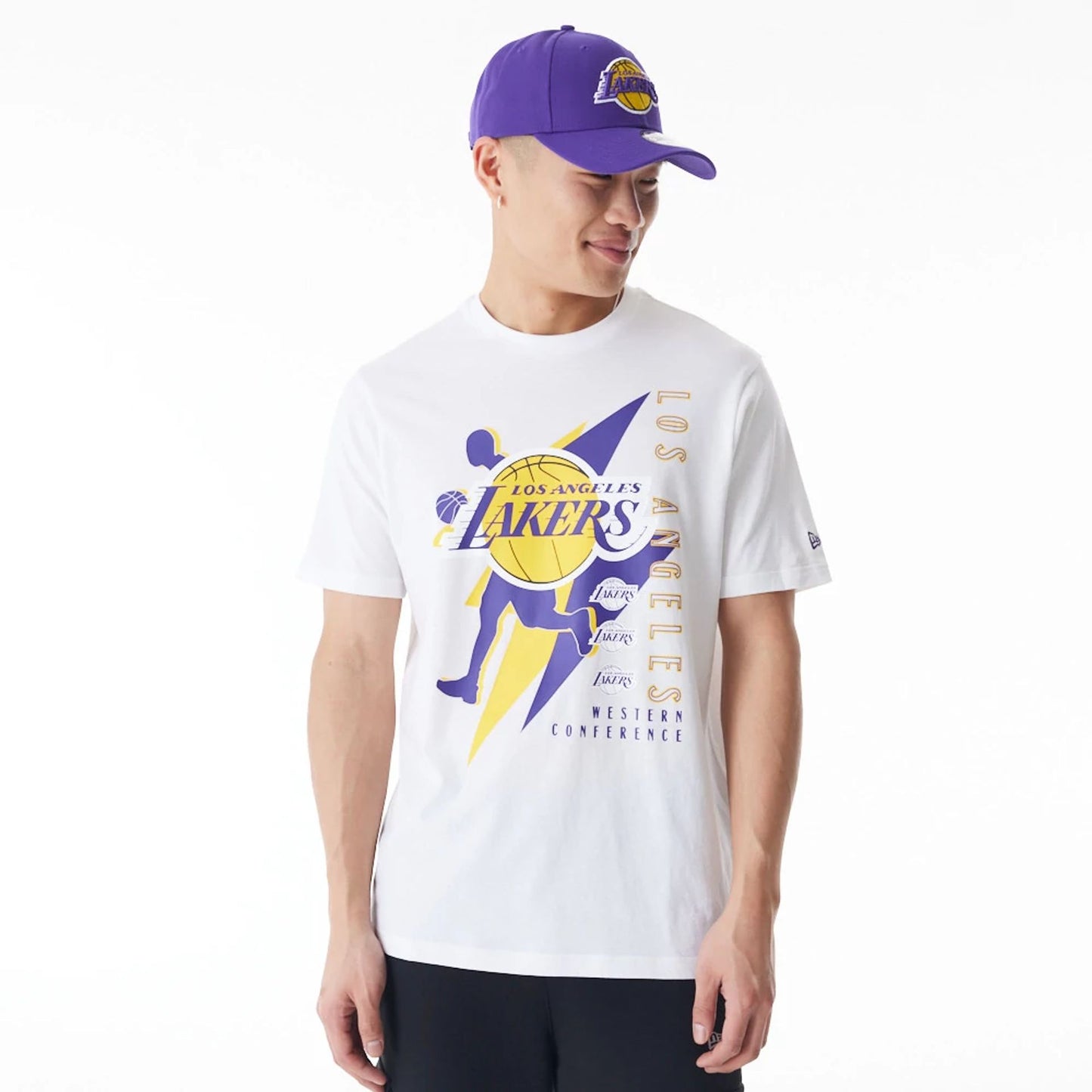 The Male model is wearing LA Lakers NBA Player Graphic White T-Shirt 1